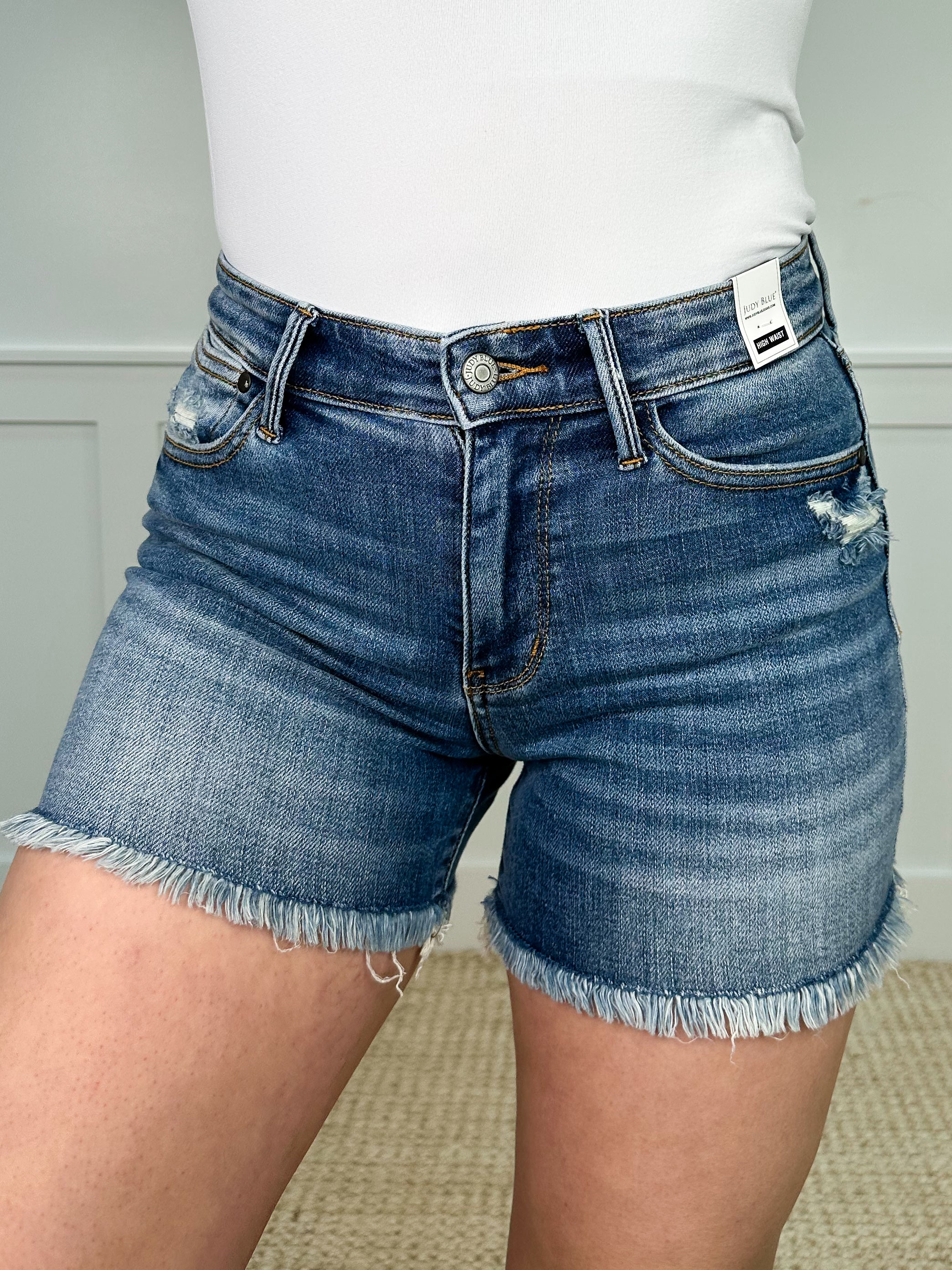 Judy Blue Gabby Distressed High-Rise Fray Hem Medium Wash Shorts - Image 2