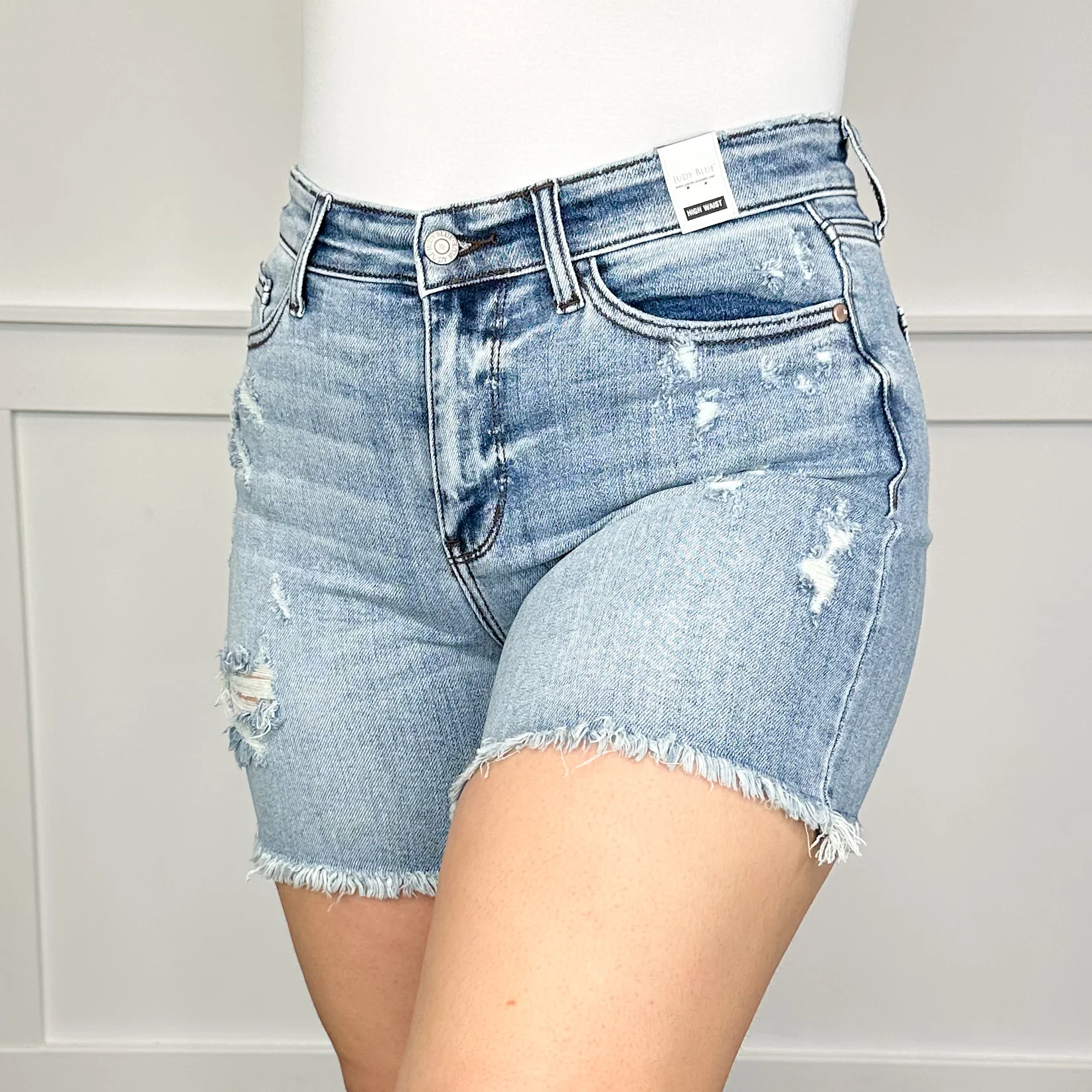 Judy Blue Karsyn Distressed High-Rise Fray Hem Medium Wash Shorts - Image 10