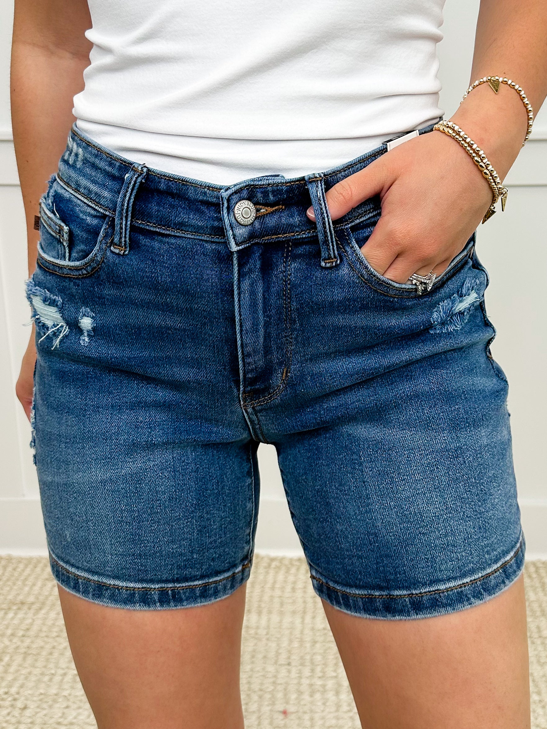 Judy Blue Lillian Mid-Rise Dad Denim Shorts - Dark Wash (Distressed) - Image 9