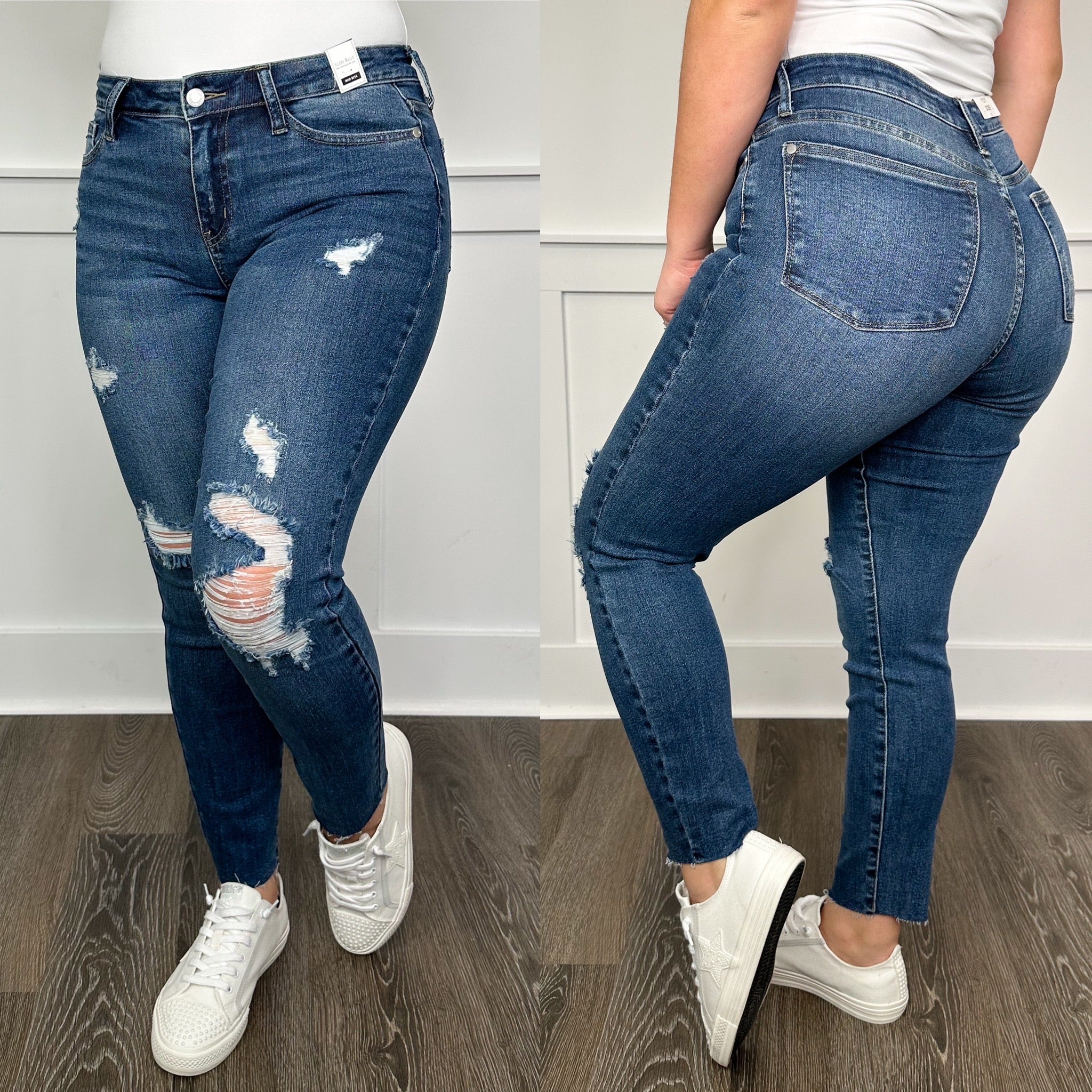Judy Blue Nora Distressed Mid-Rise Raw Hem Relaxed Fit Medium Wash Jeans - Image 5
