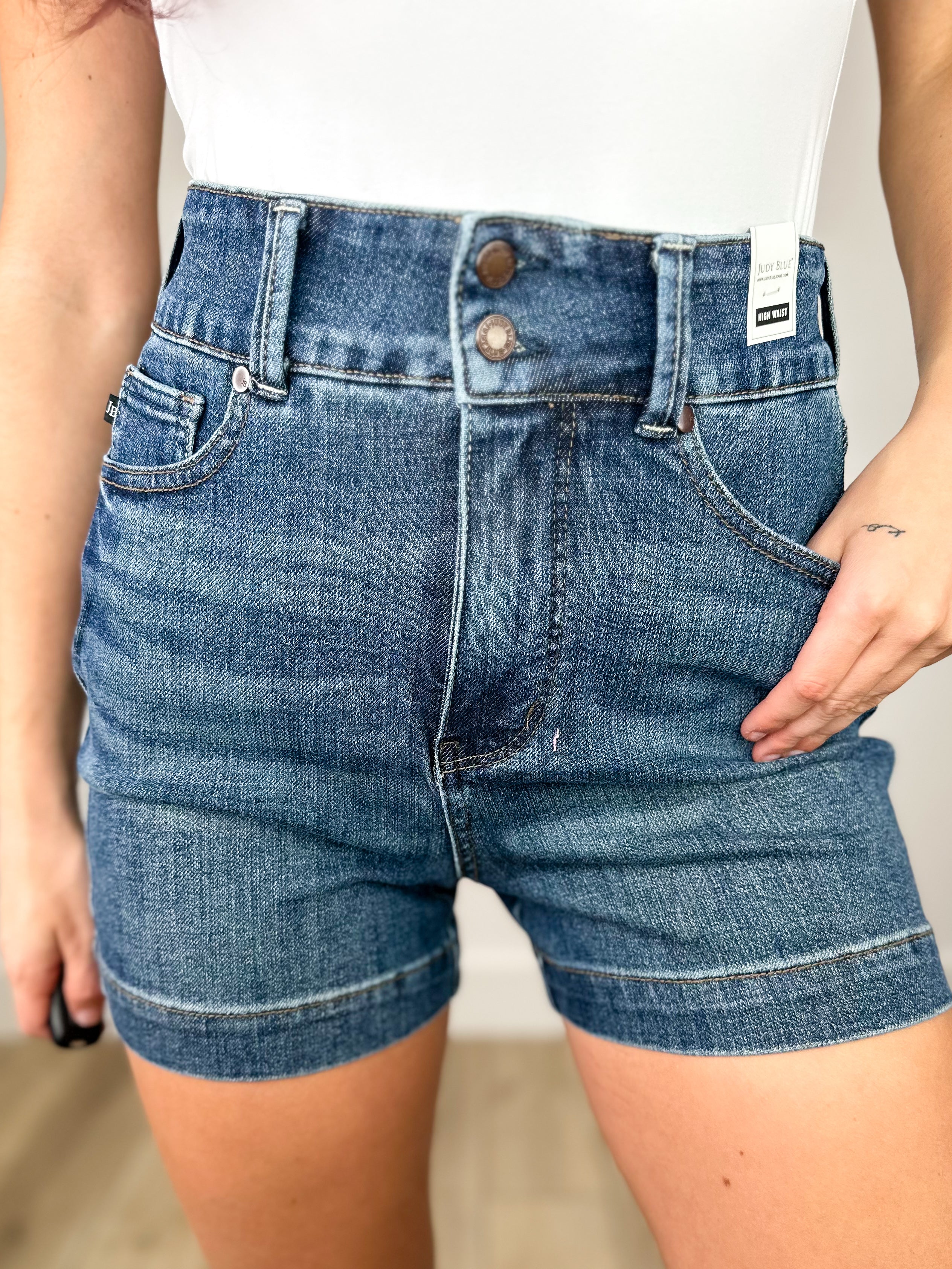 Judy Blue Tiffany Tummy Control Denim Shorts - Dark Wash (Double Button) - Image 3