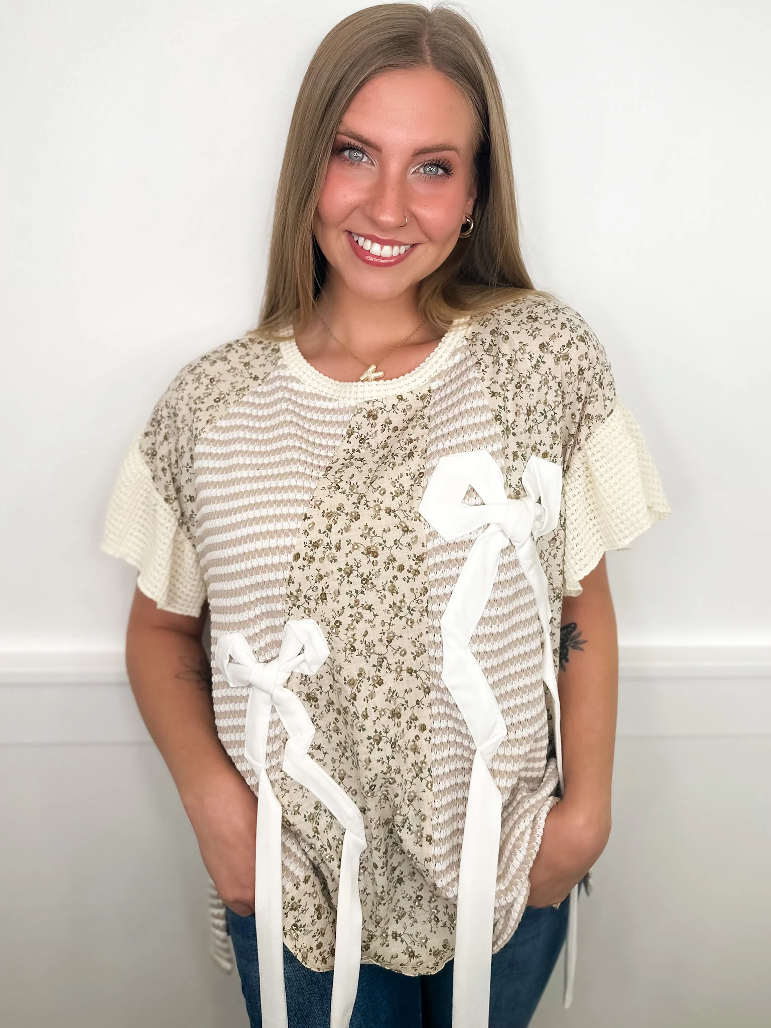 Just a Beautiful Day Knit Short Sleeve Tan Avery Mae Top