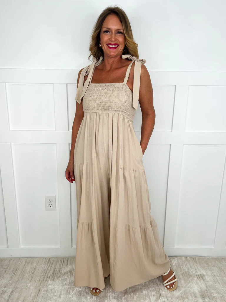 Just a Sunshine Day Cotton Blend Tan Avery Mae Jumpsuit - Image 2