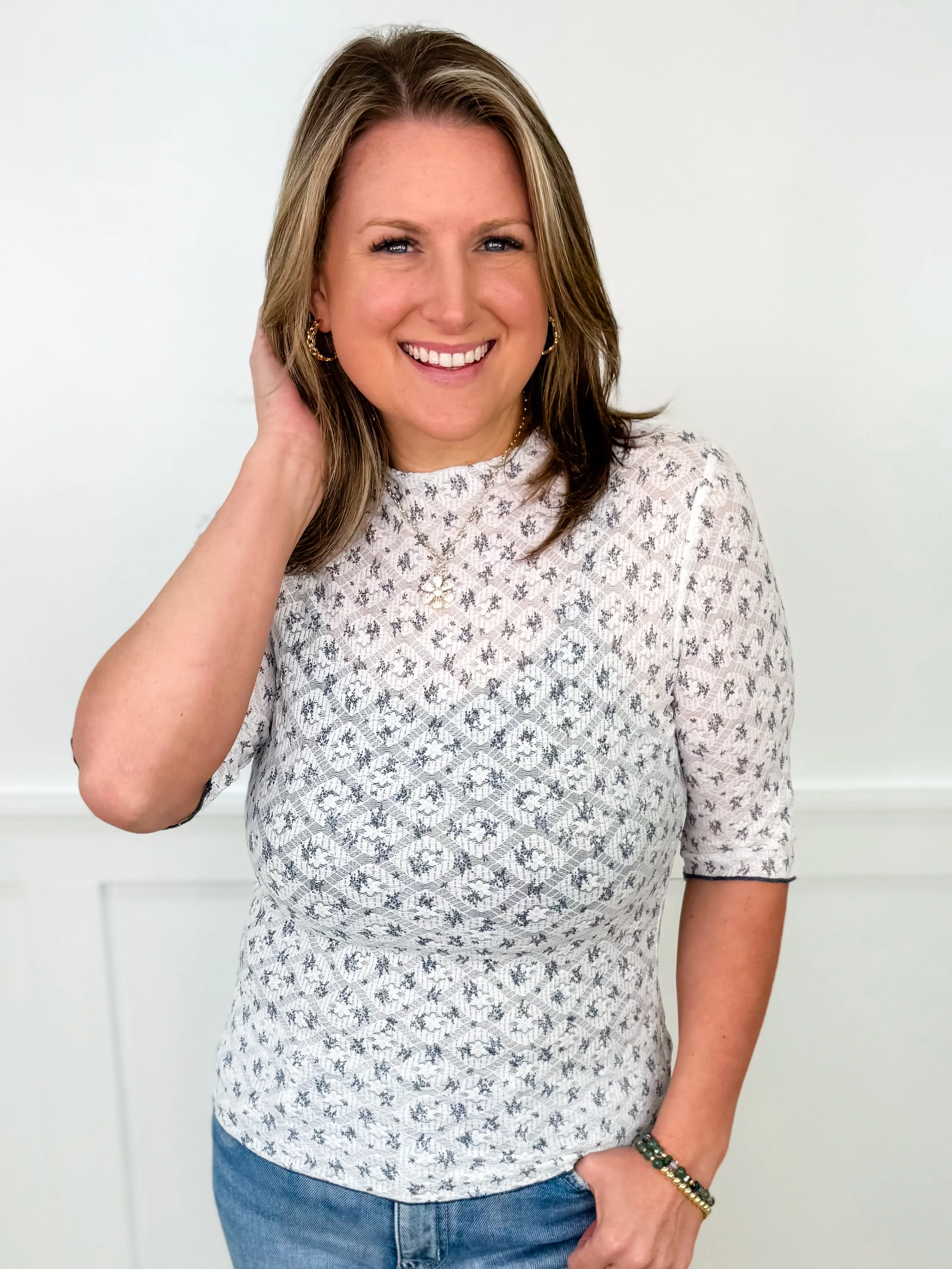 Just the Right Time Lace 3/4 Sleeve White Avery Mae Top