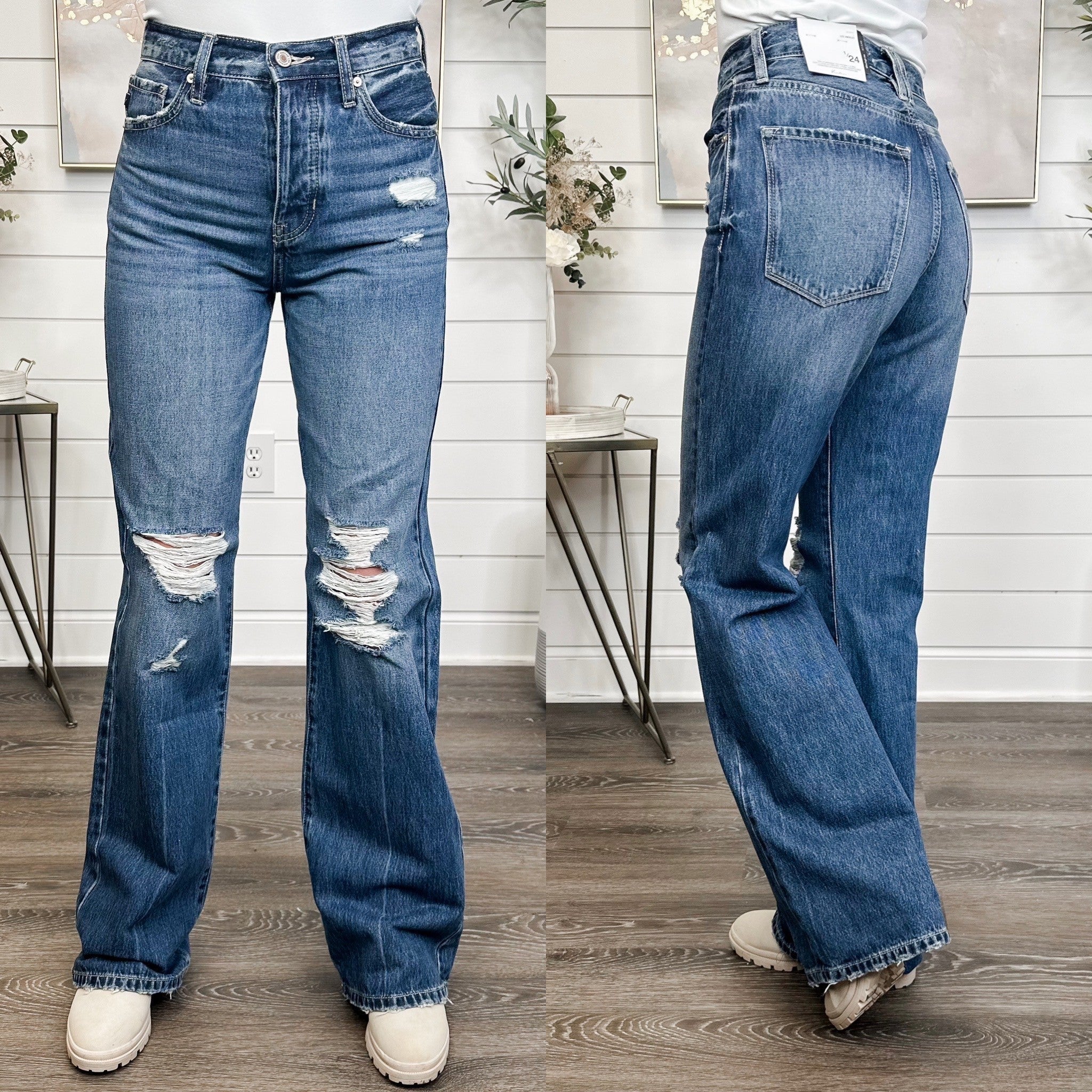 KanCan Elana Distressed High-Rise Wide Leg 90s Flare Blue Jeans - Image 3