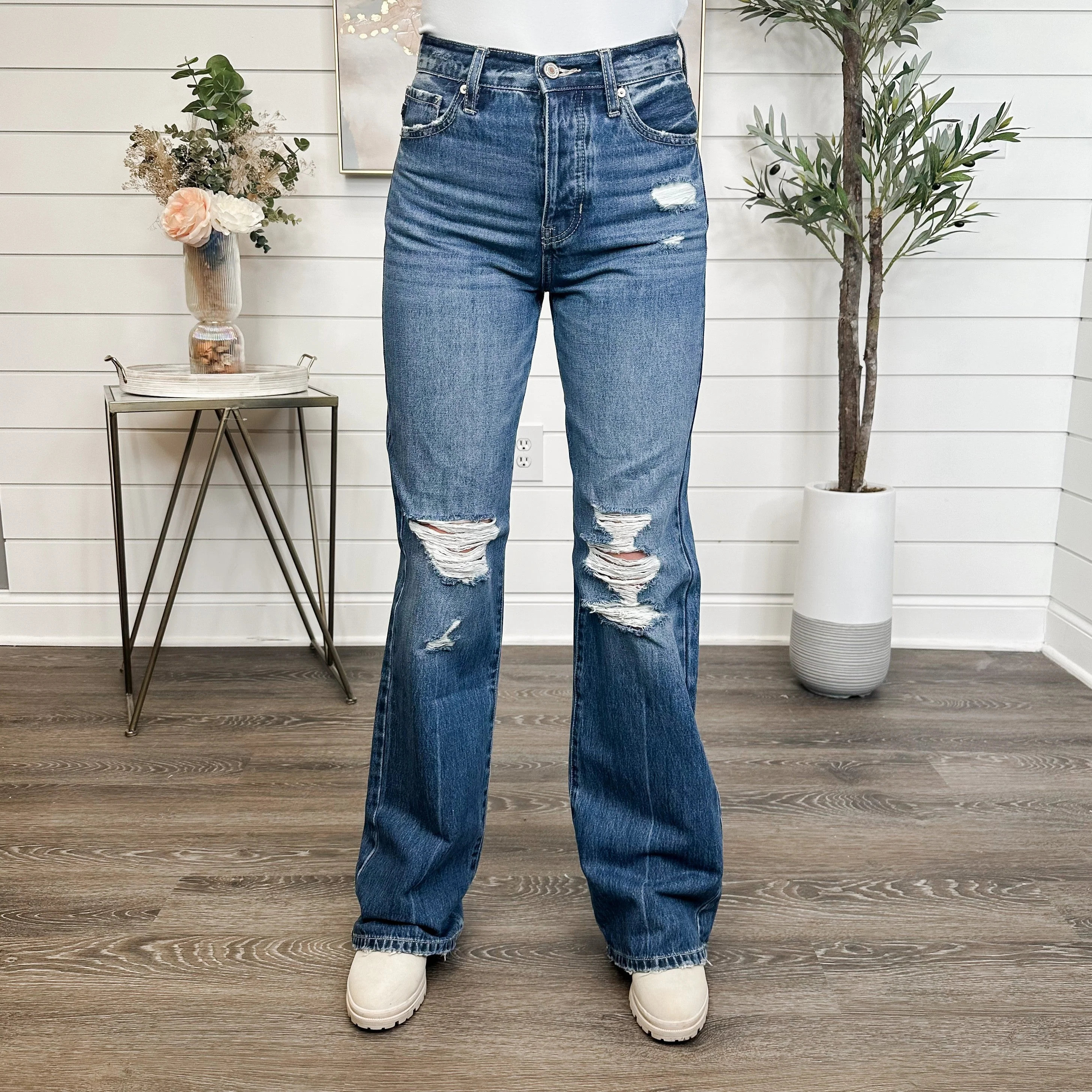 KanCan Elana Distressed High-Rise Wide Leg 90s Flare Blue Jeans - Image 5