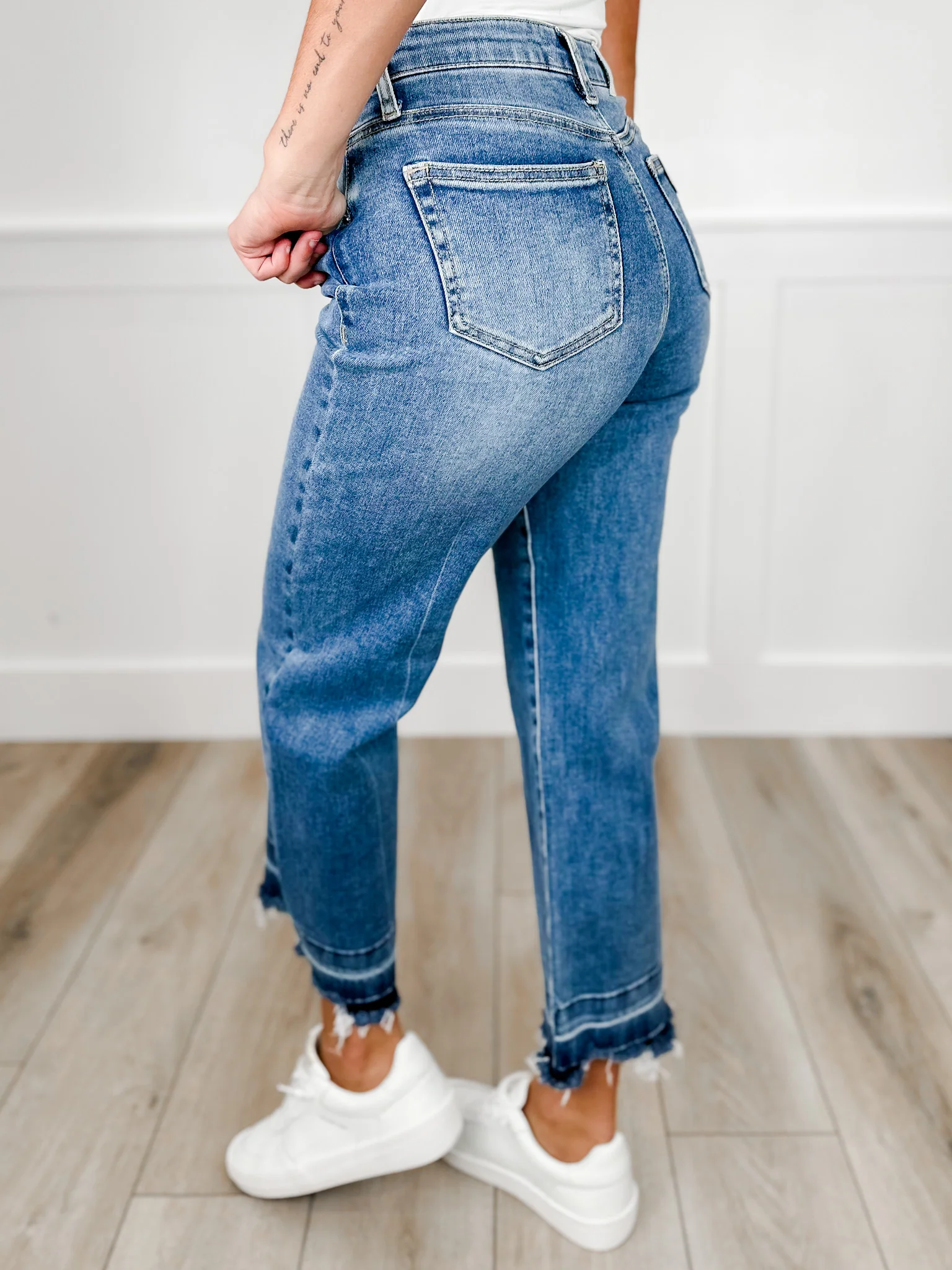 Saige Kinley Tummy Control Wide Leg Cropped Jeans - Medium Wash (Release Hem, Distressed) - Image 2