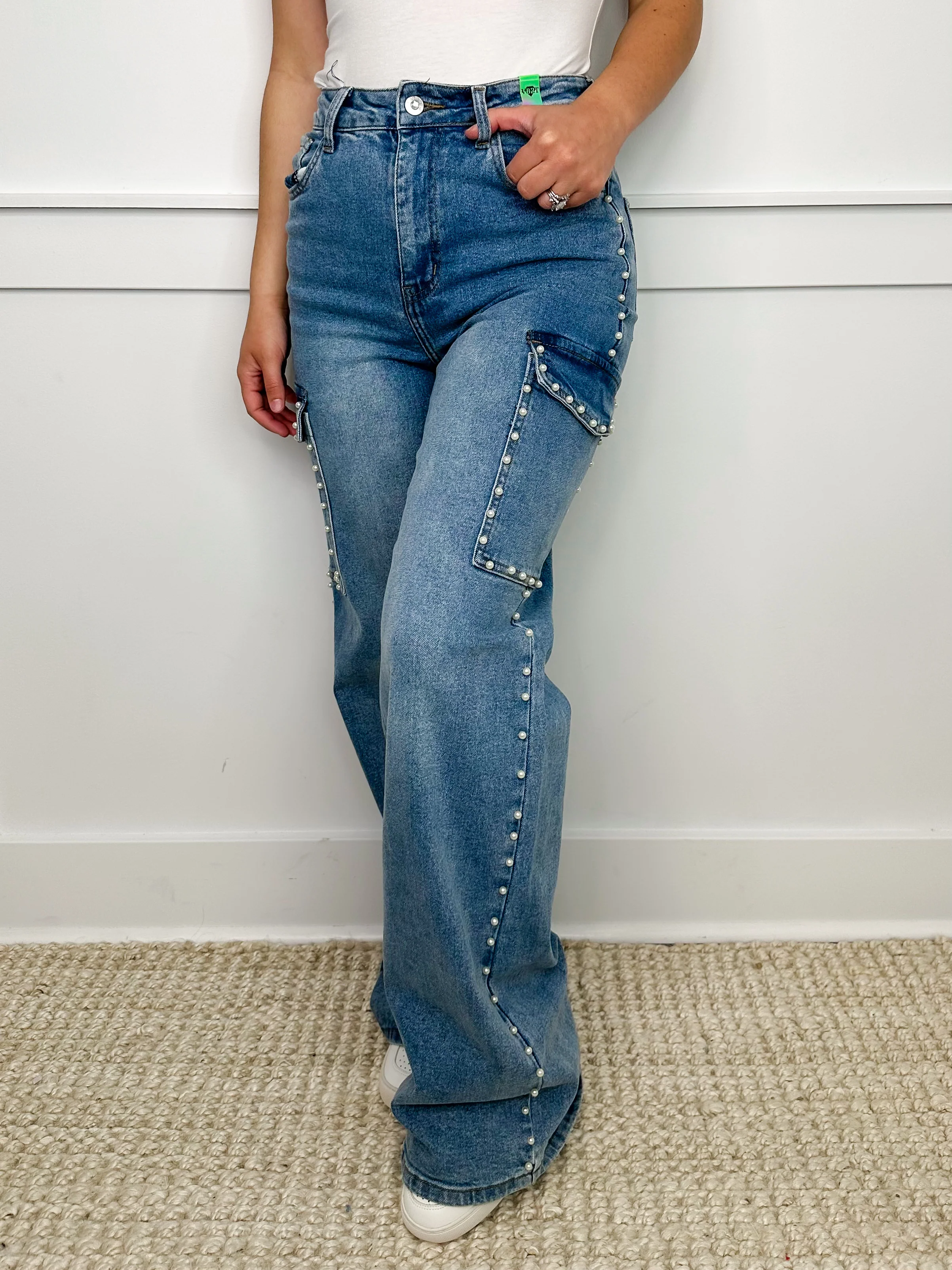 Lauren High-Rise Wide Leg Pearl Medium Wash Cargo Blue Jeans
