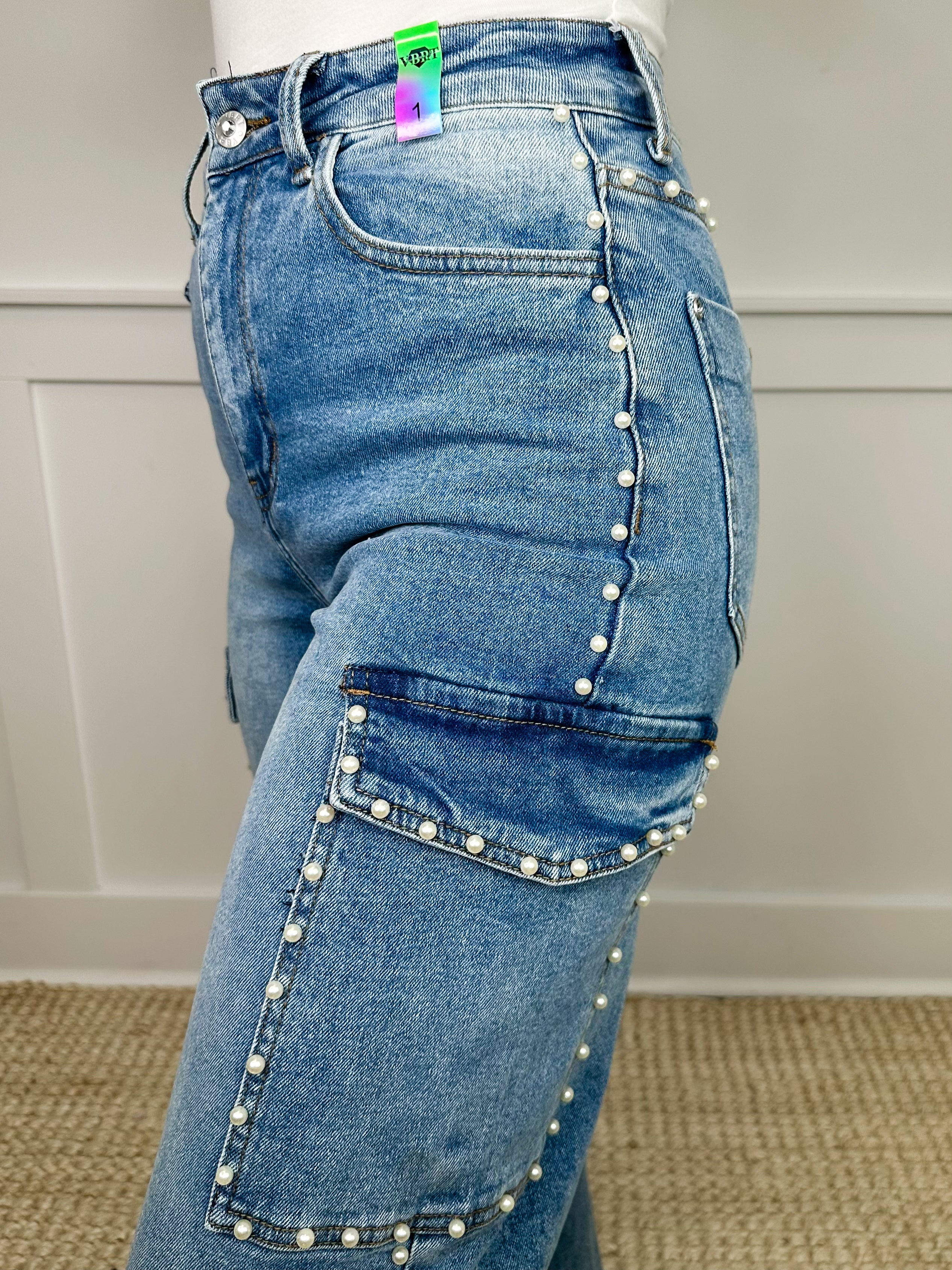 Lauren High-Rise Wide Leg Pearl Medium Wash Cargo Blue Jeans - Image 2