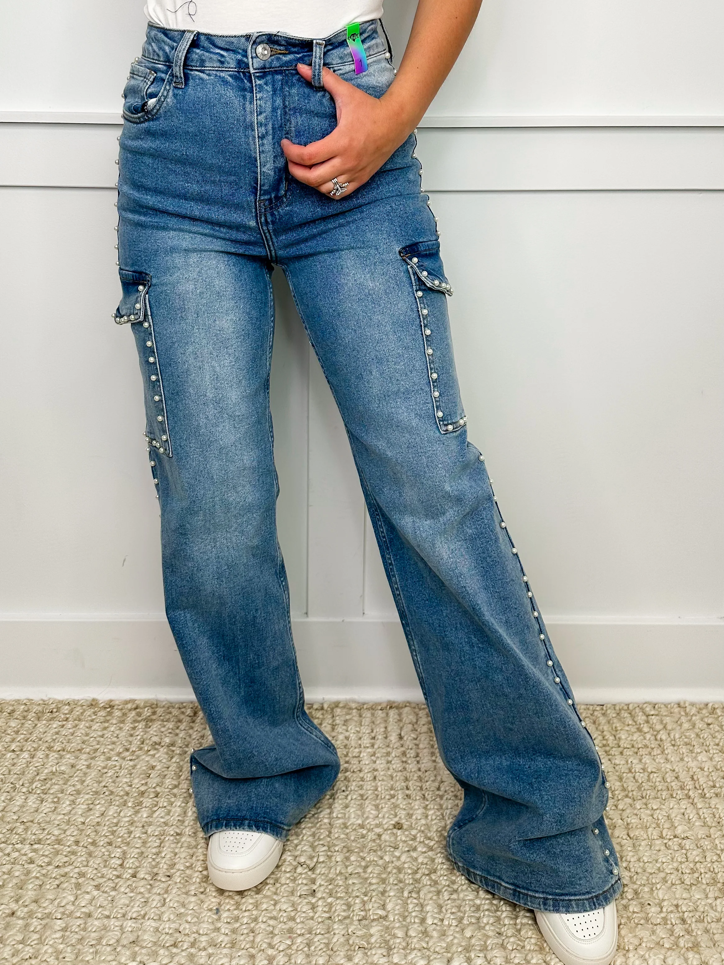 Lauren High-Rise Wide Leg Pearl Medium Wash Cargo Blue Jeans - Image 4
