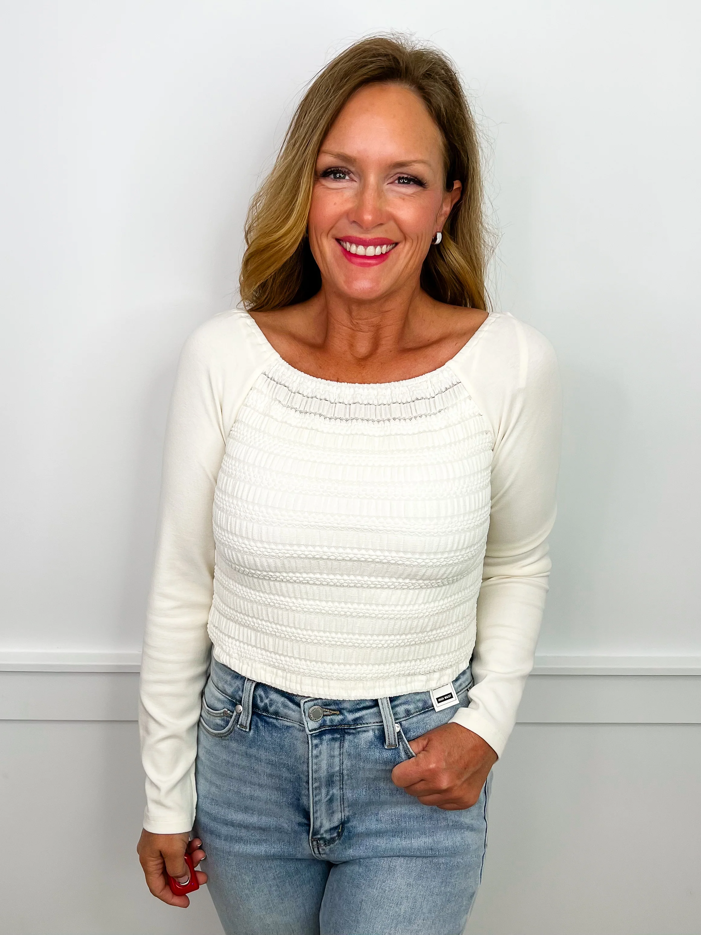 Learning the Direction Cotton Long Sleeve Cream Avery Mae Cropped Top