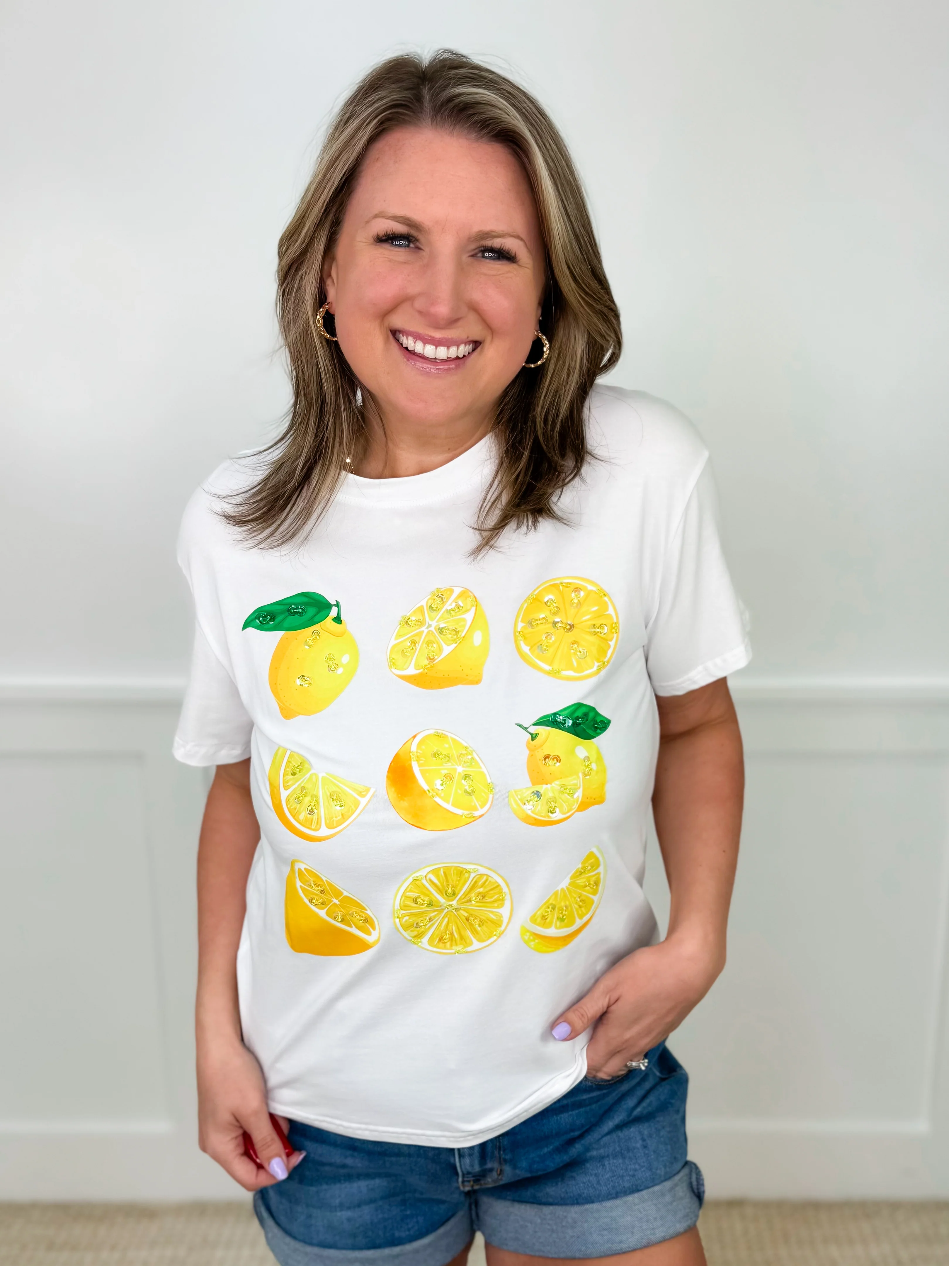 Lemons of Life Cotton Blend Short Sleeve White Avery Mae Graphic Tee Shirt