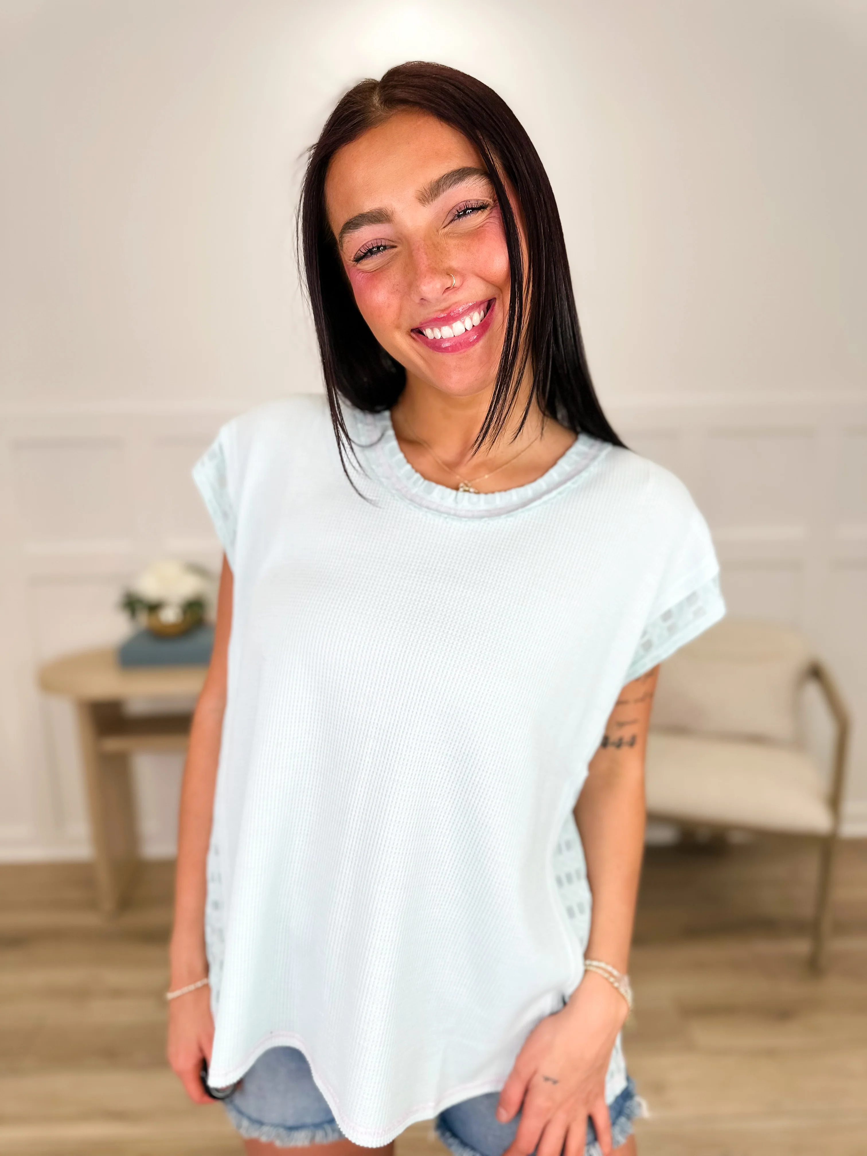 Let's Call it Knit Cap Sleeve Blue Avery Mae Top