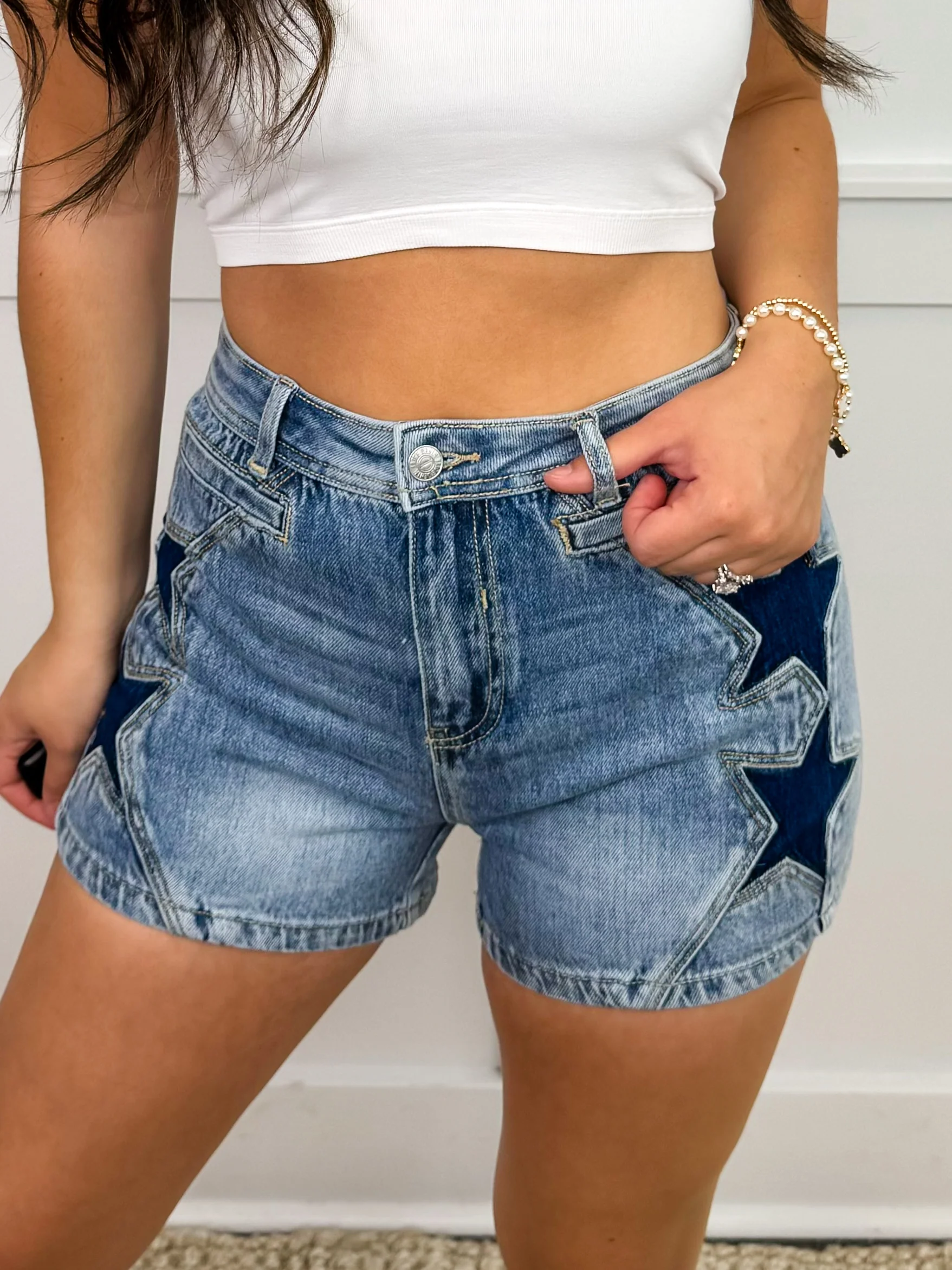 Saige Libby High-Rise Star Detail Light Wash Blue Shorts