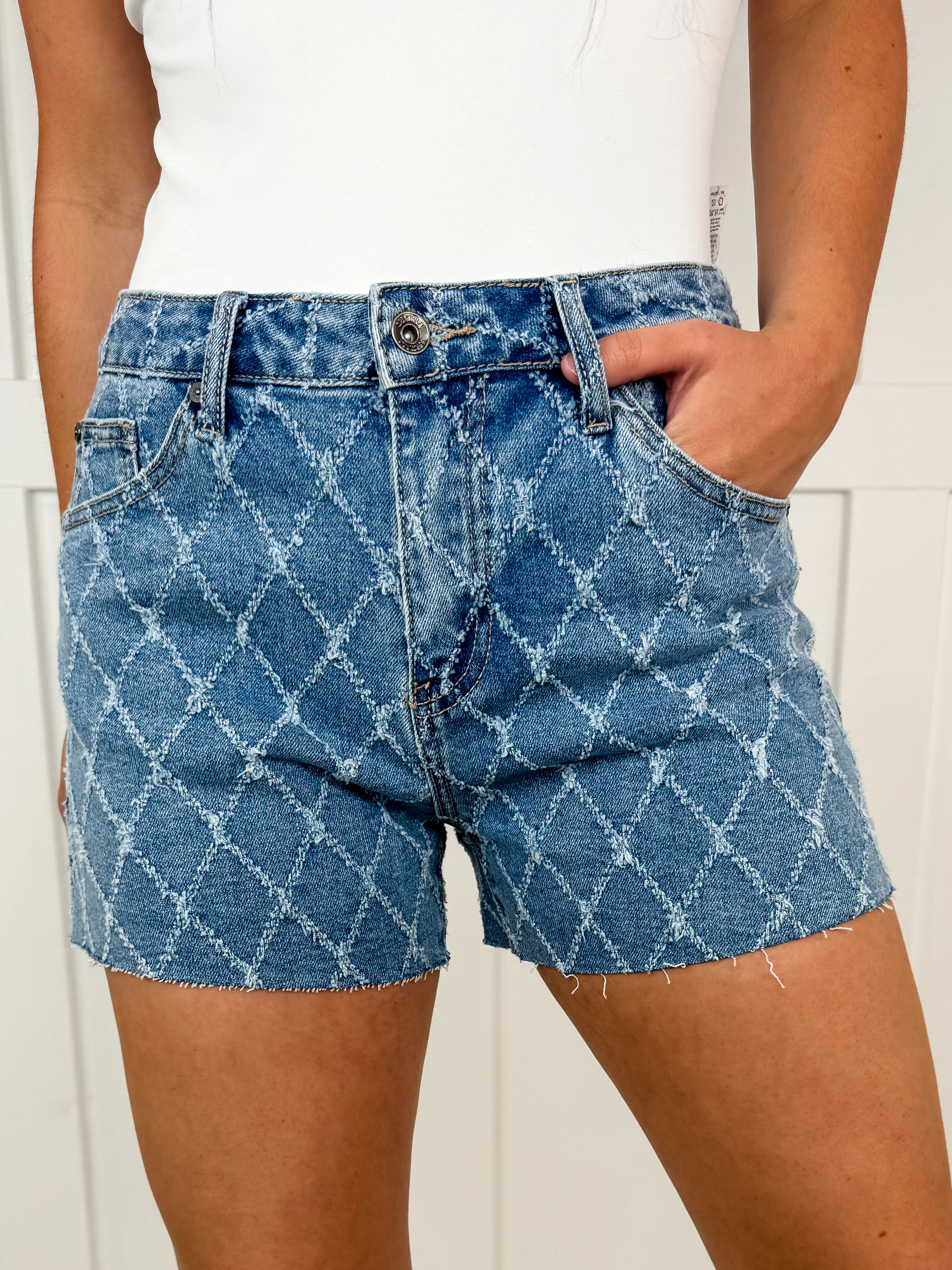 Saige Linda Distressed High-Rise Raw Hem Medium Wash Blue Shorts