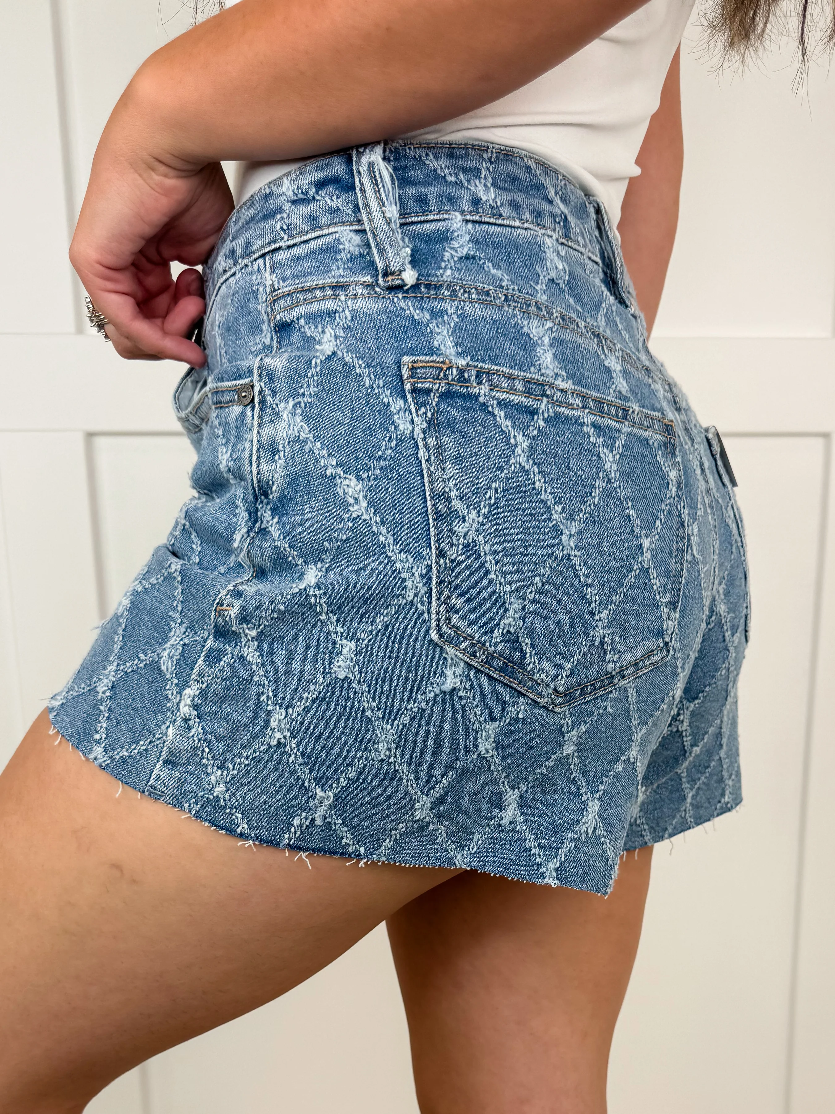 Saige Linda Distressed High-Rise Raw Hem Medium Wash Blue Shorts - Image 2