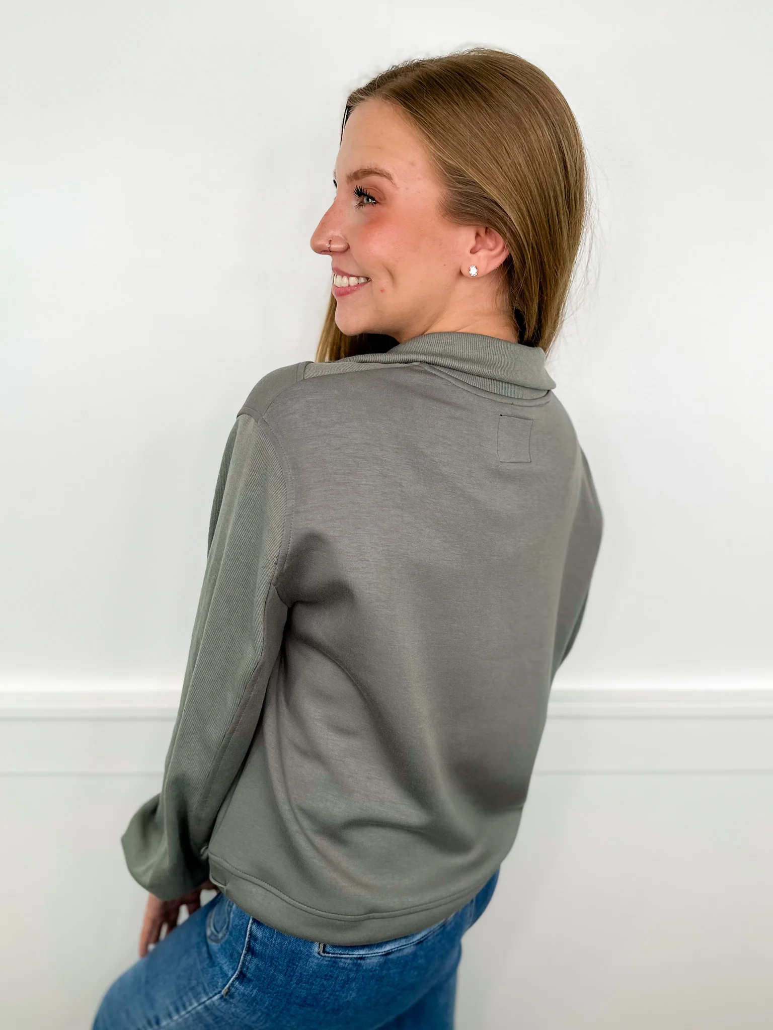 Look Around Long Sleeve Grey Avery Mae Mom Cropped Quarter Zip Sweatshirt - Image 2