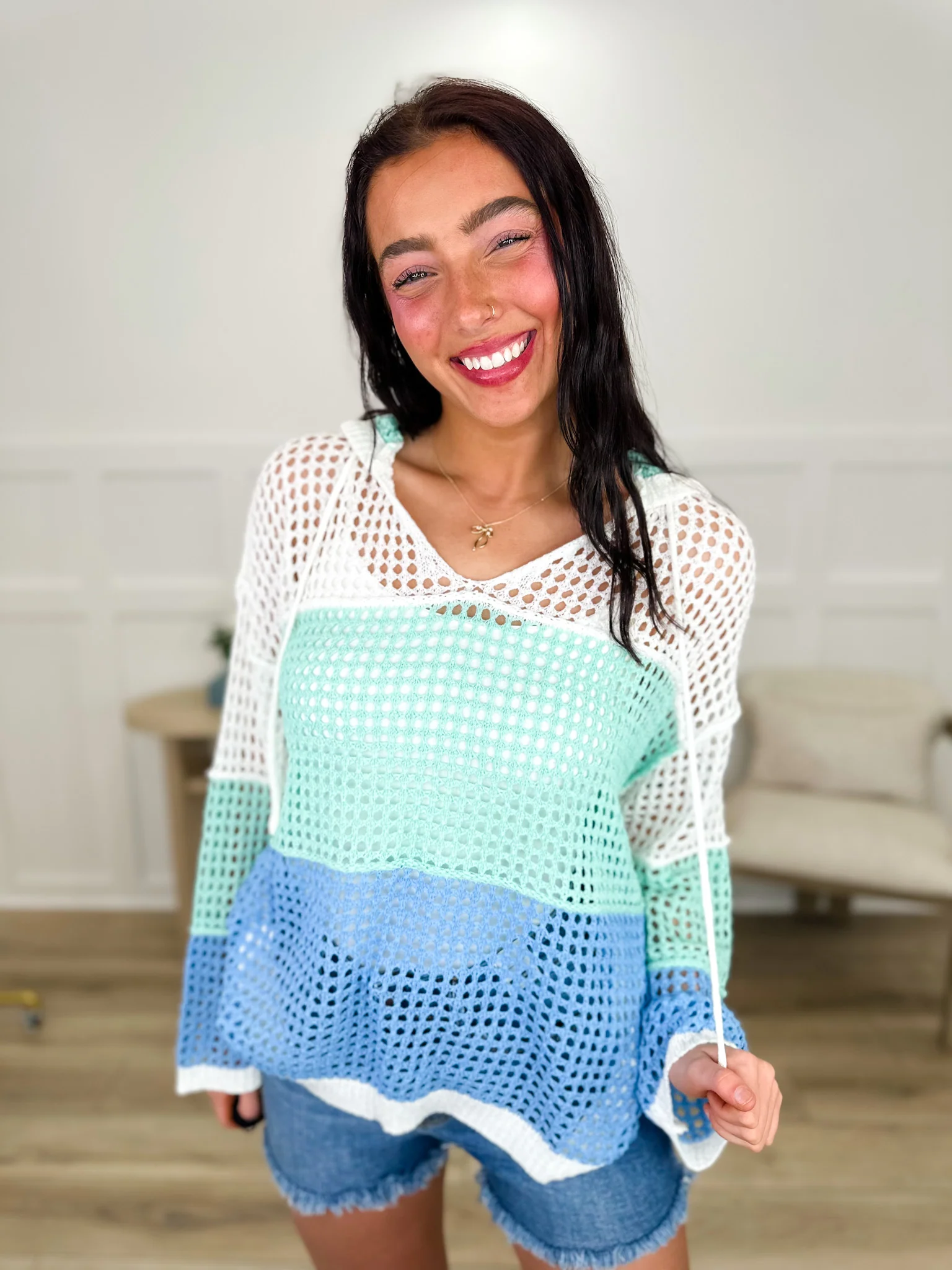 Looking For Sea Glass Knit Long Sleeve Blue Avery Mae Hooded Top