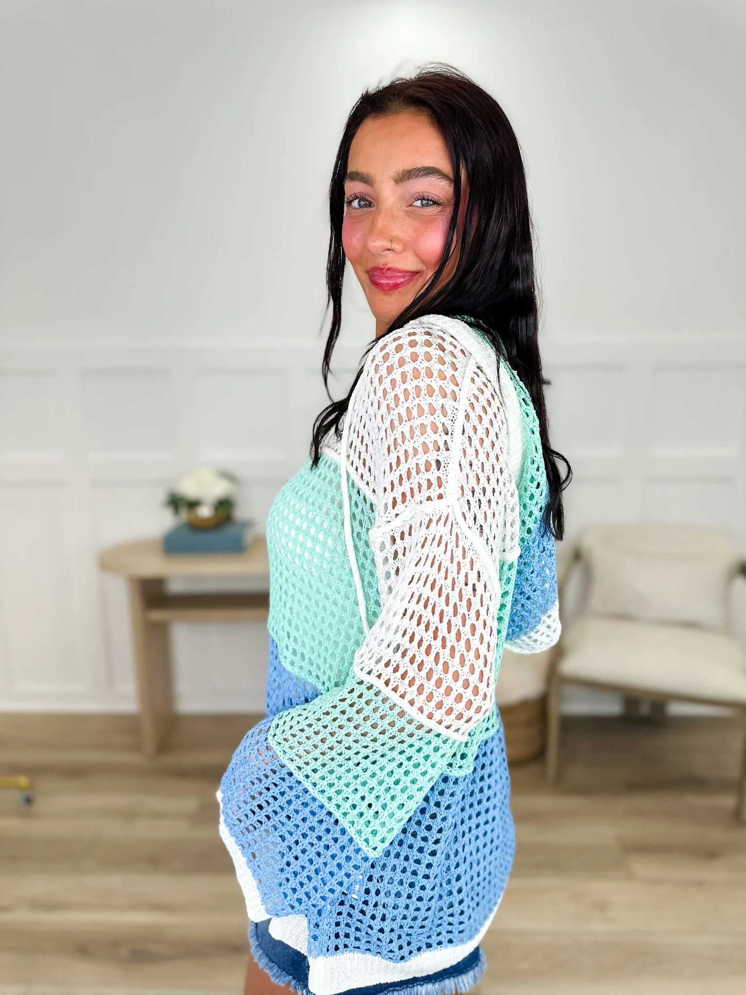 Looking For Sea Glass Knit Long Sleeve Blue Avery Mae Hooded Top - Image 3