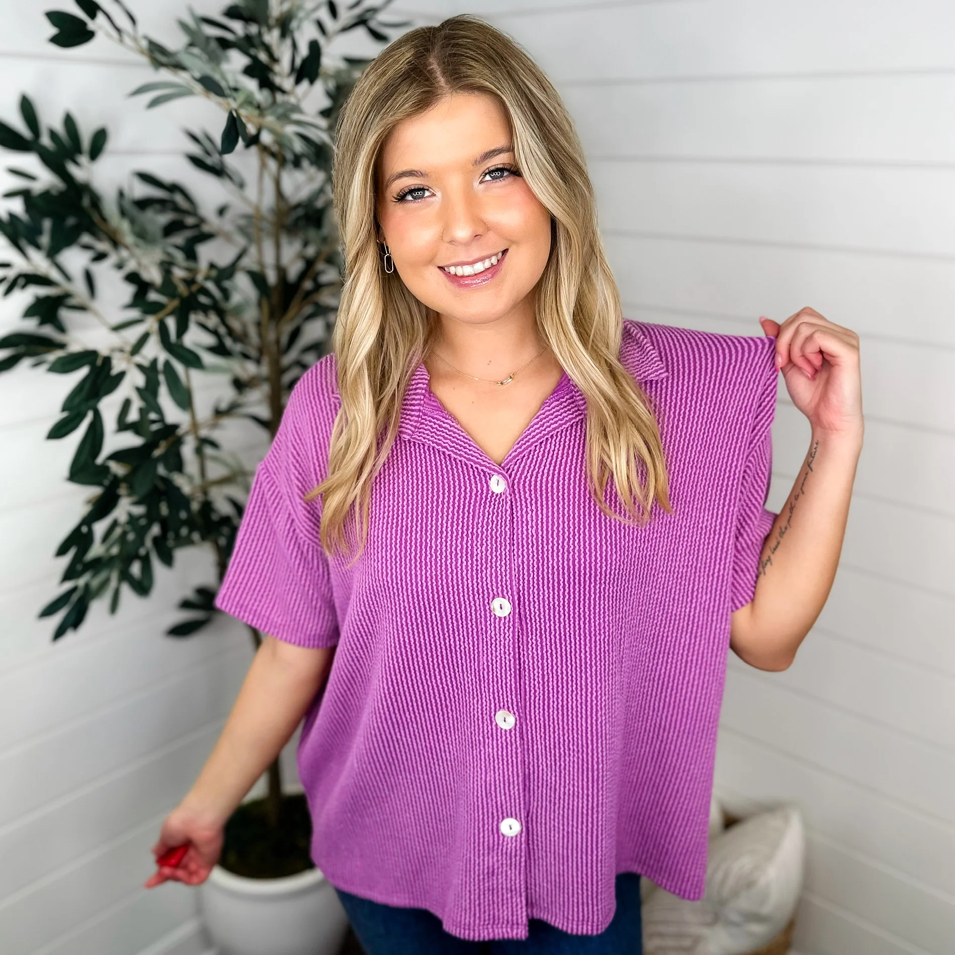 Looking Good Ribbed Short Sleeve Magenta Avery Mae Button Up Top