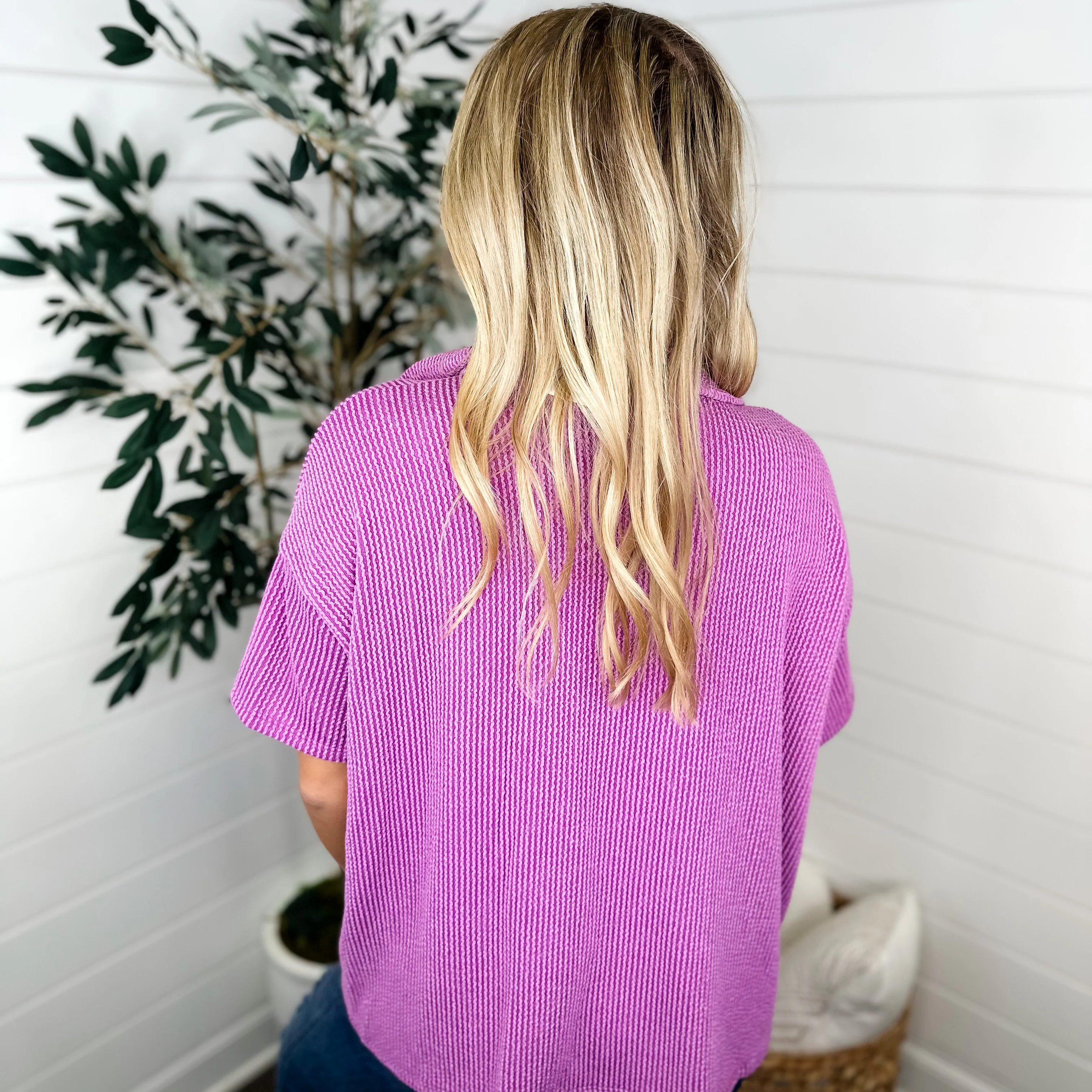 Looking Good Ribbed Short Sleeve Magenta Avery Mae Button Up Top - Image 2