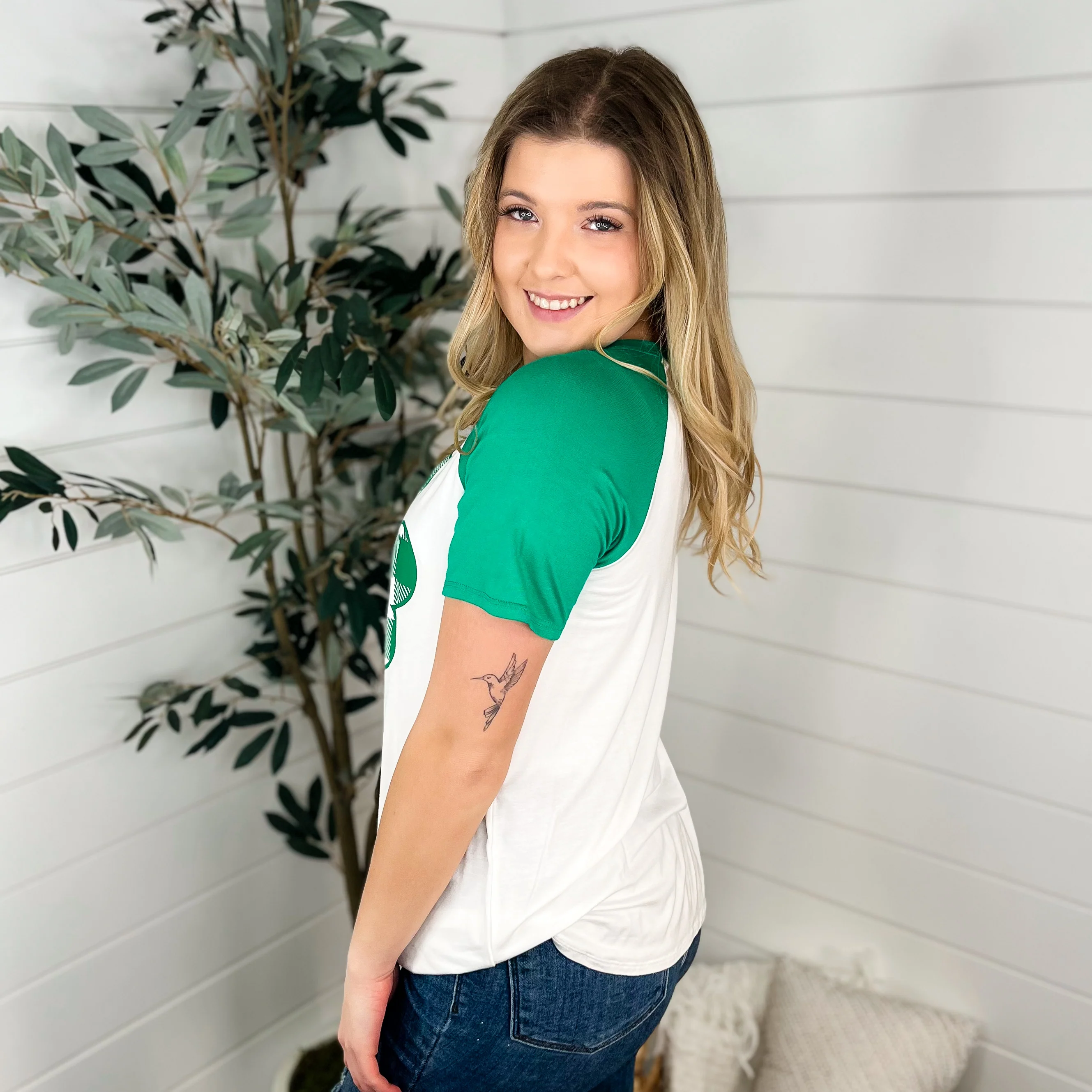 Lucky Checkered Clover Rayon Blend Short Sleeve White Avery Mae Graphic Tee Shirt - Image 2