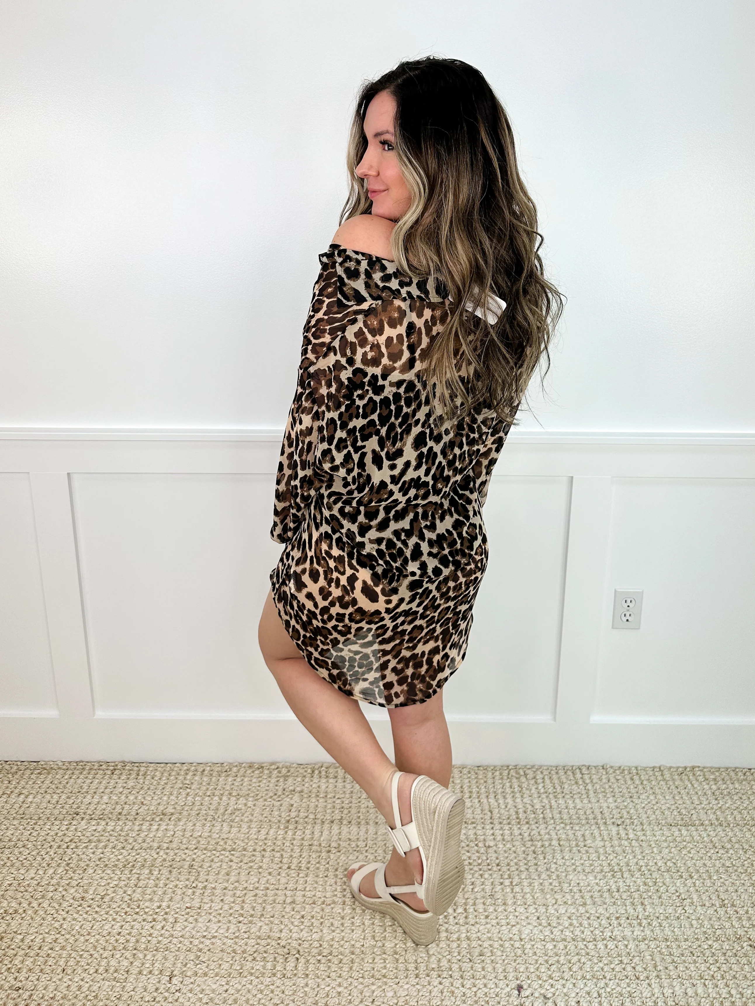 Making Big Plans Sheer Long Sleeve Leopard Avery Mae Button Up Tunic Top - Image 2