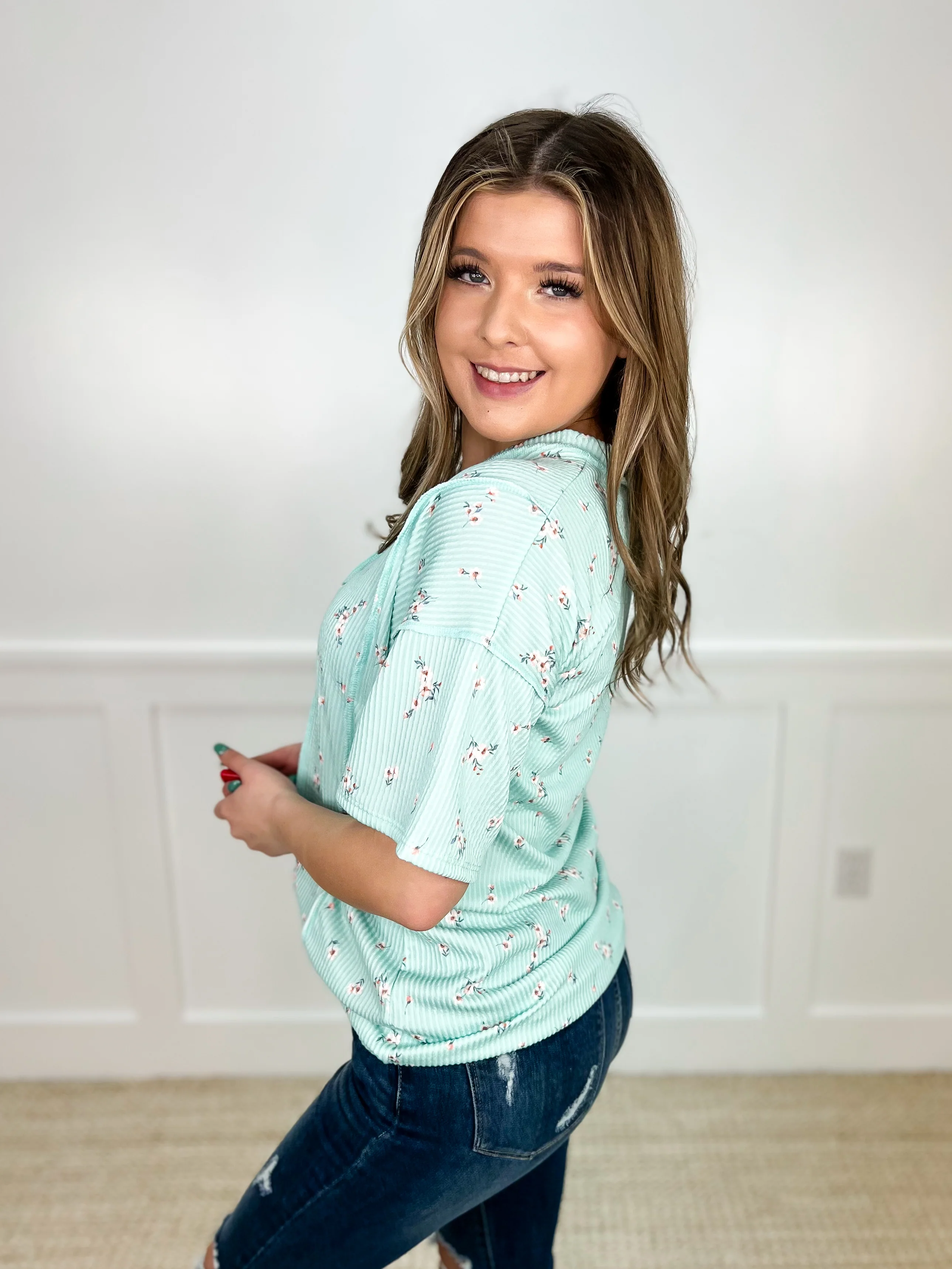 Meetings at Dawn Ribbed Short Sleeve Mint Green Avery Mae Tunic Top - Image 2