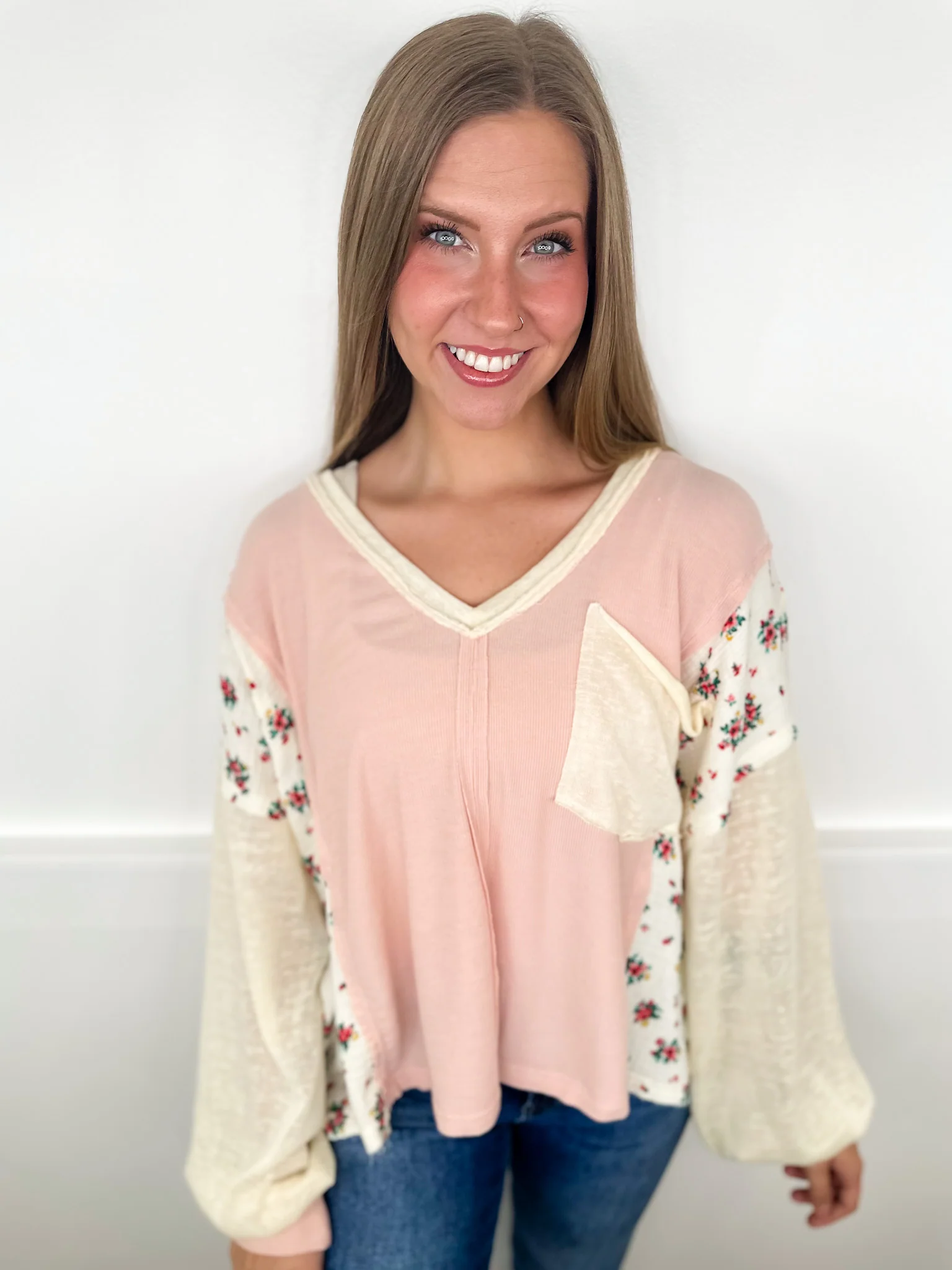Mended Hearts Lightweight Long Sleeve Pink Avery Mae Mom Cropped Top
