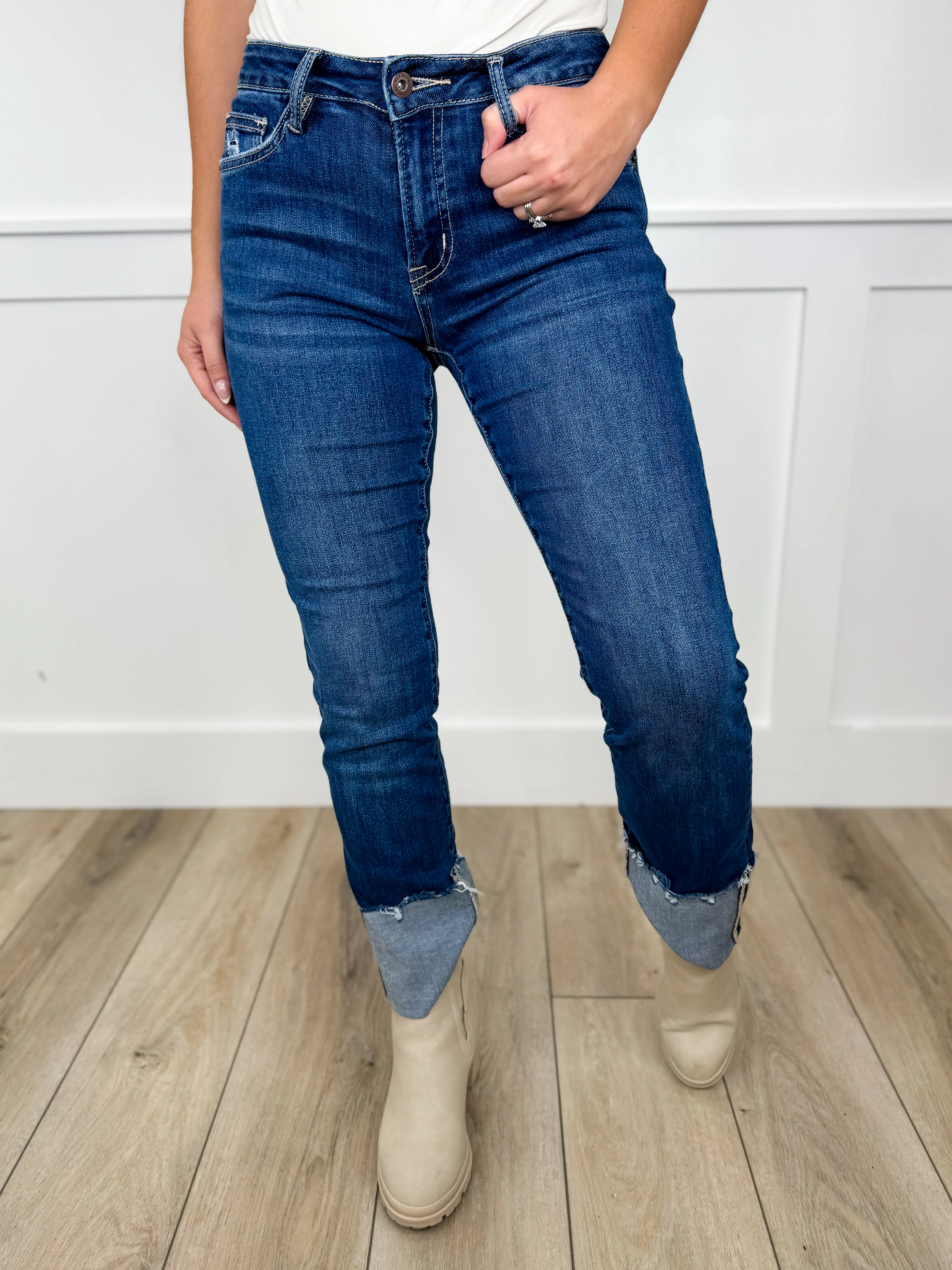 Mica Crystal Mid-Rise Straight Leg Blue Jeans - Dark Wash (Distressed)