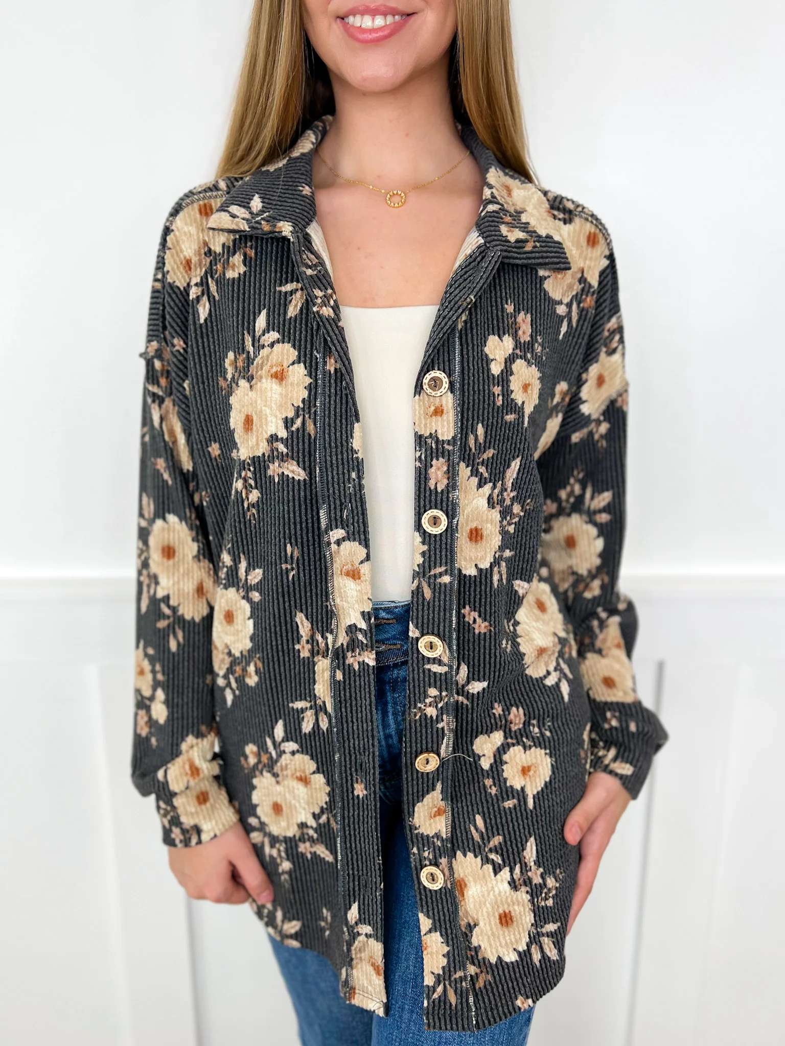 Moody Meadows Ribbed Long Sleeve Charcoal Avery Mae Button Up Top