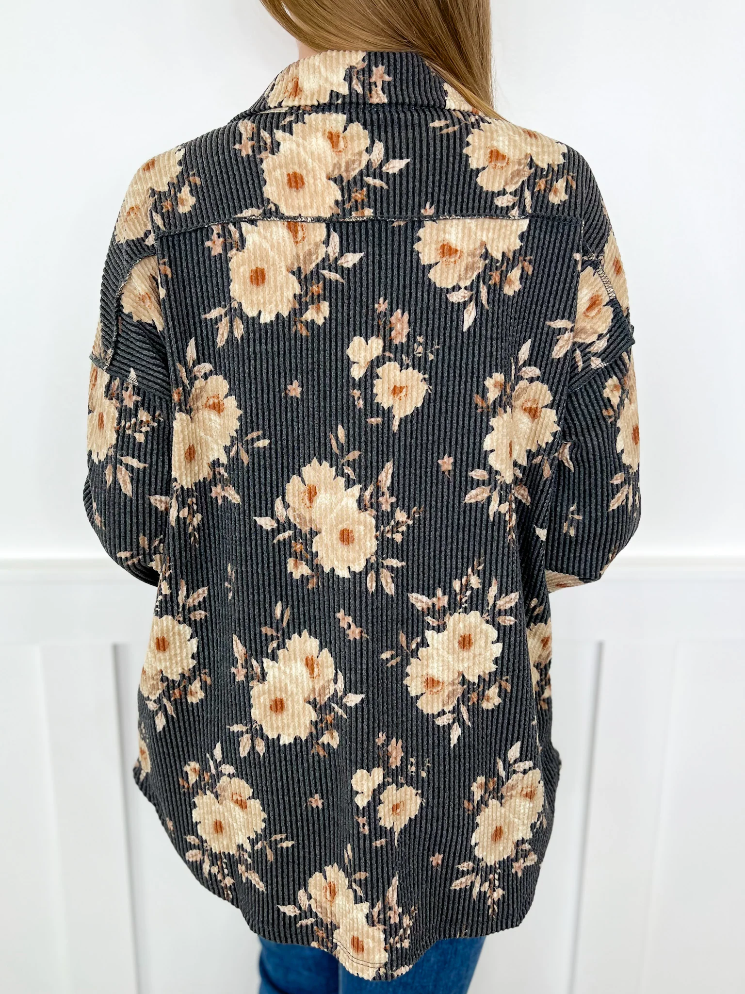 Moody Meadows Ribbed Long Sleeve Charcoal Avery Mae Button Up Top - Image 3
