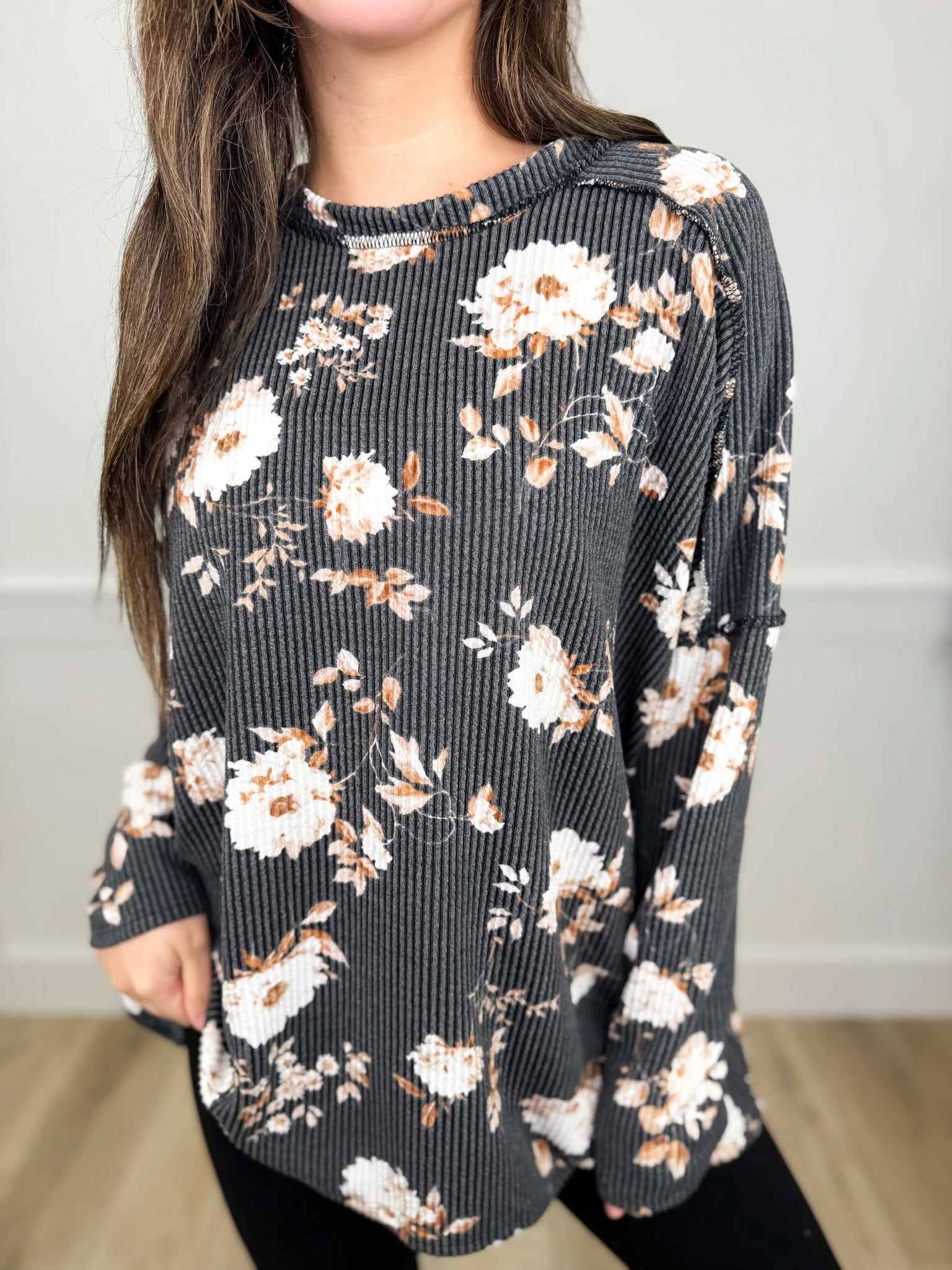 Moonlit Bloom Ribbed Long Sleeve Charcoal Avery Mae Tunic Top