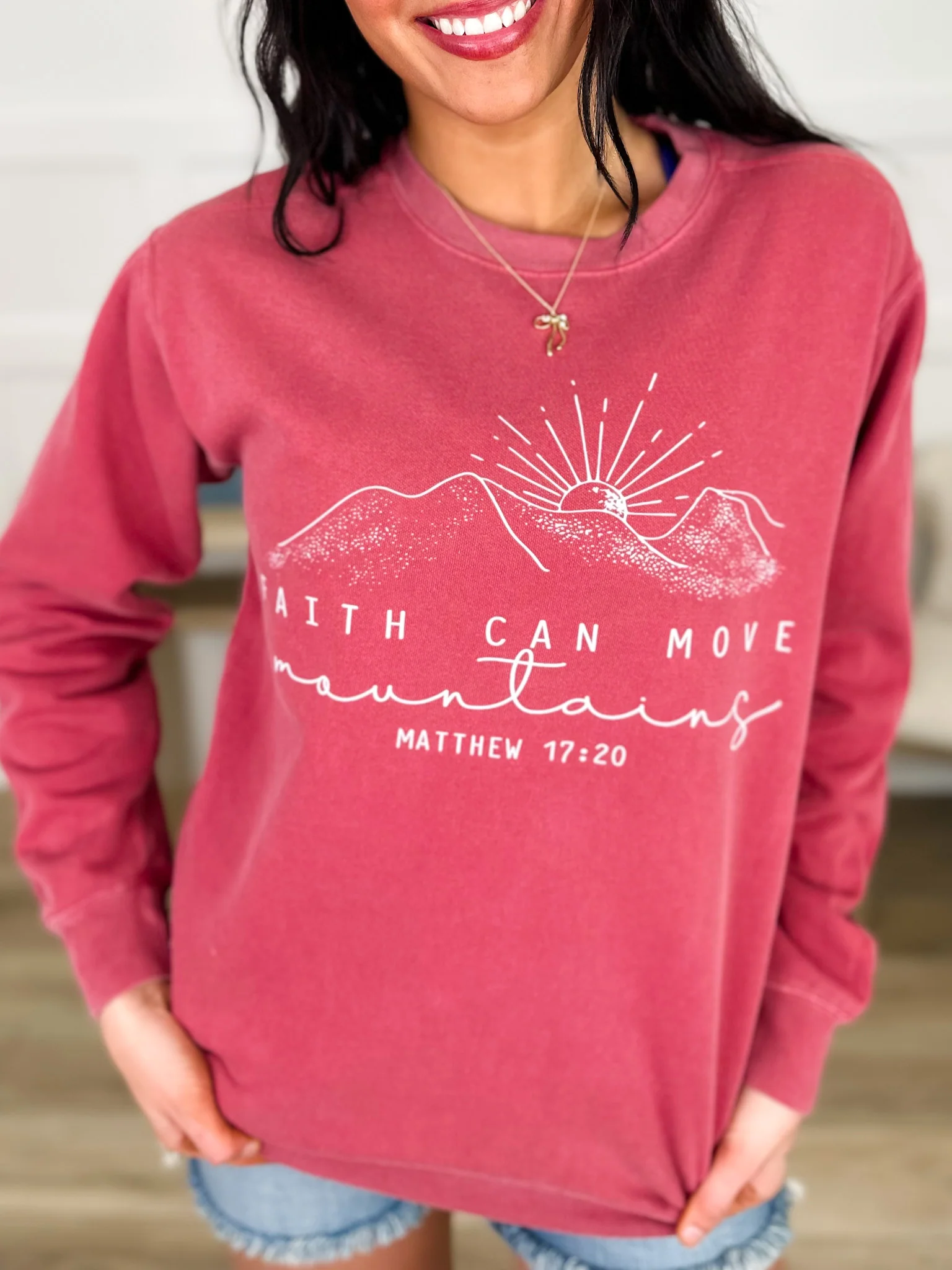 Move Mountains Cotton Blend Long Sleeve Brick Avery Mae Graphic Crewneck Sweatshirt (Comfort Colors)