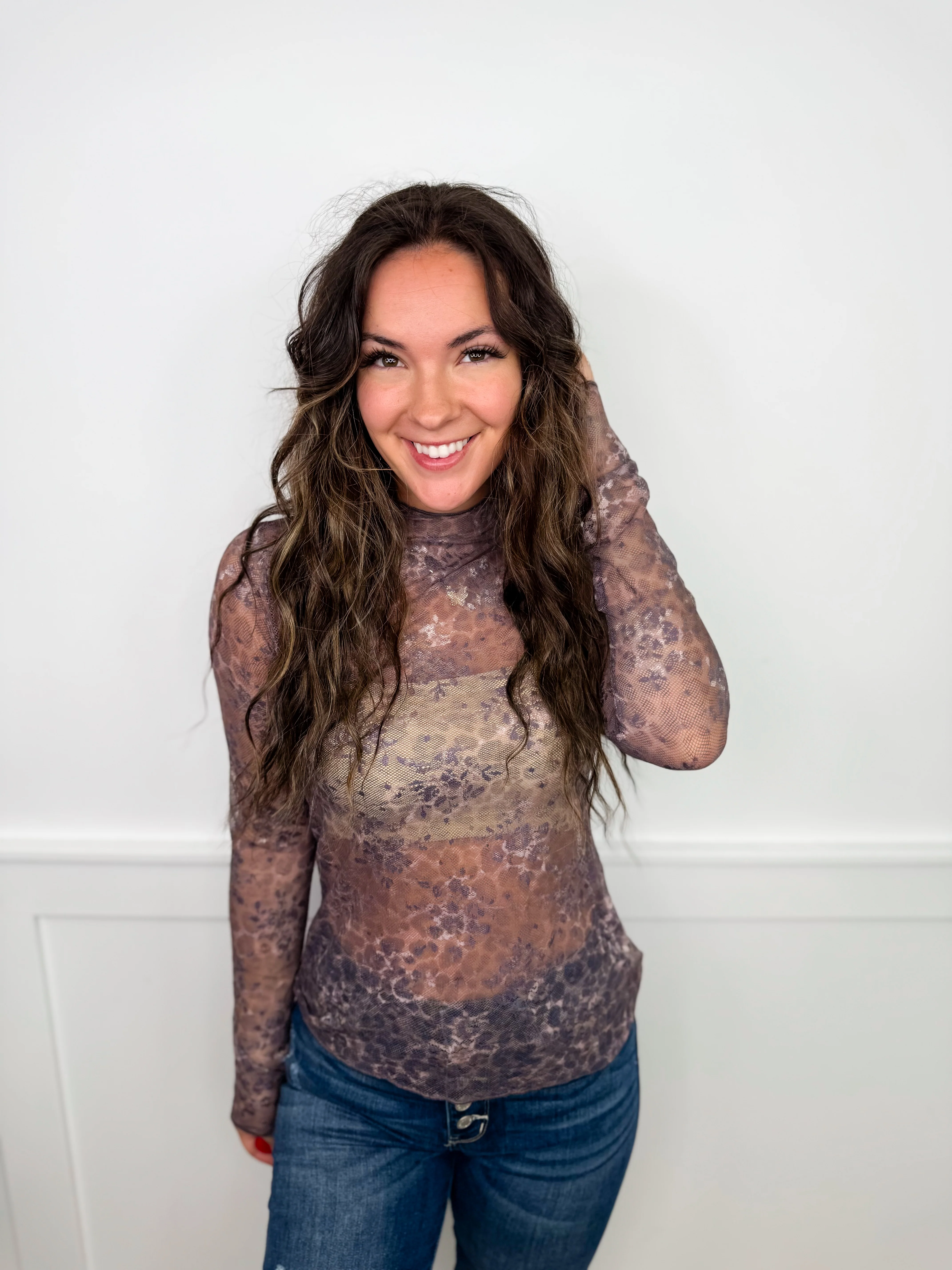 No Second Guesses Sheer Mesh Long Sleeve Leopard Avery Mae Top - 2 colors! - Image 2