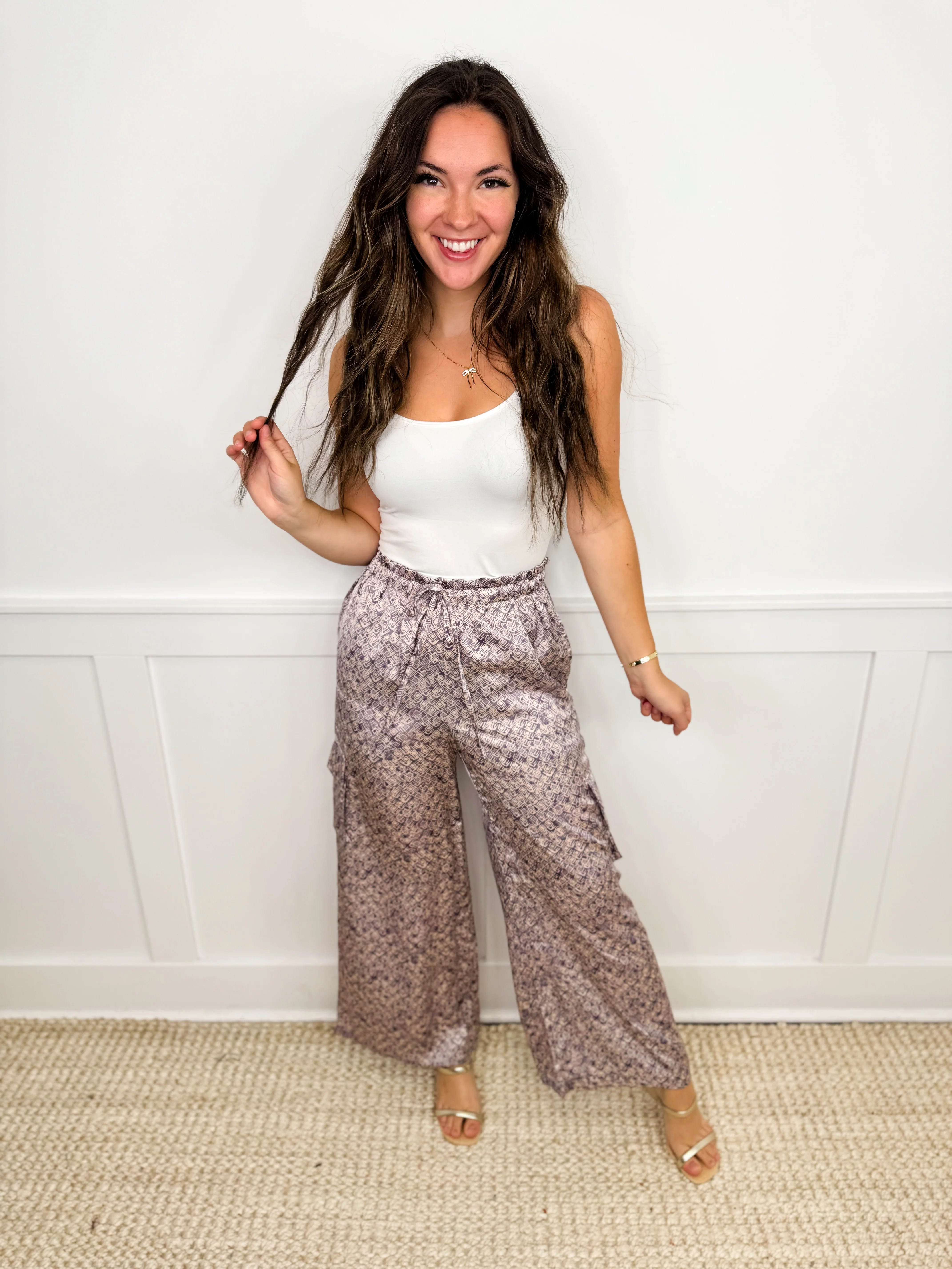 On a Shopping Spree High-Rise Satin Wide Leg Cargo Purple Avery Mae Bottoms