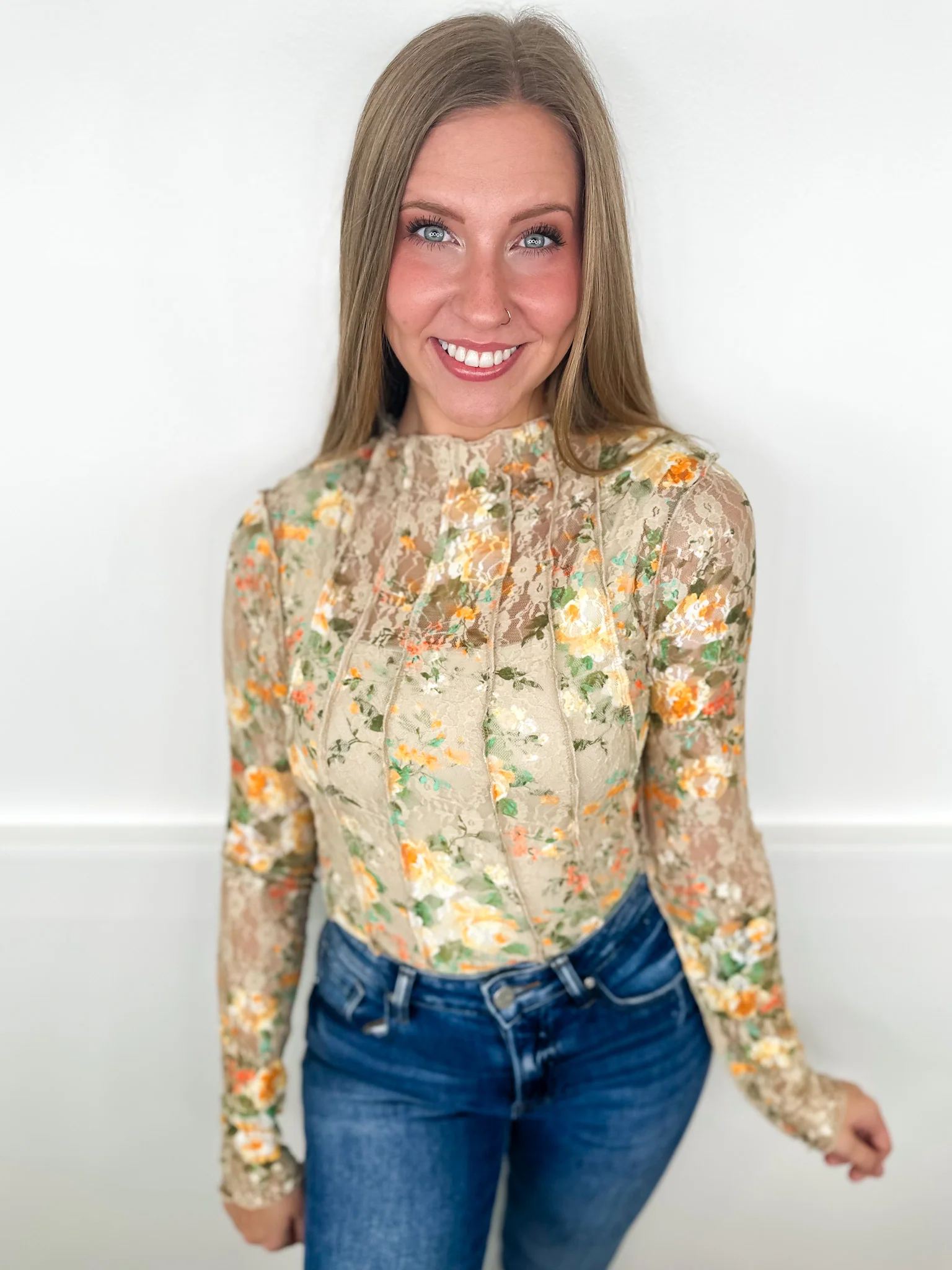 Only Good Things Lace Long Sleeve Tan Avery Mae Top