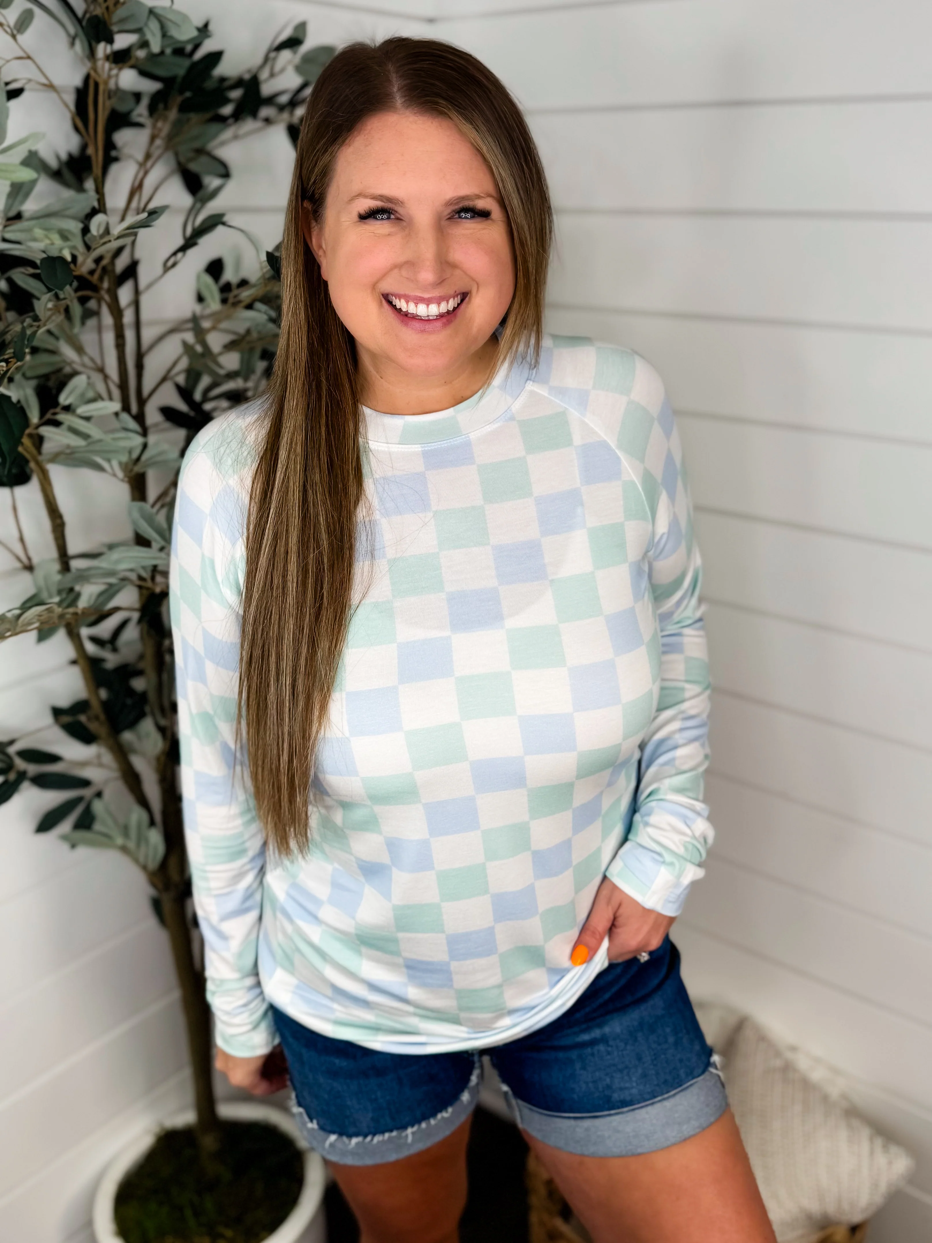 Over My Head Rayon Blend Long Sleeve Checkered Avery Mae Top - 3 colors! - Image 3