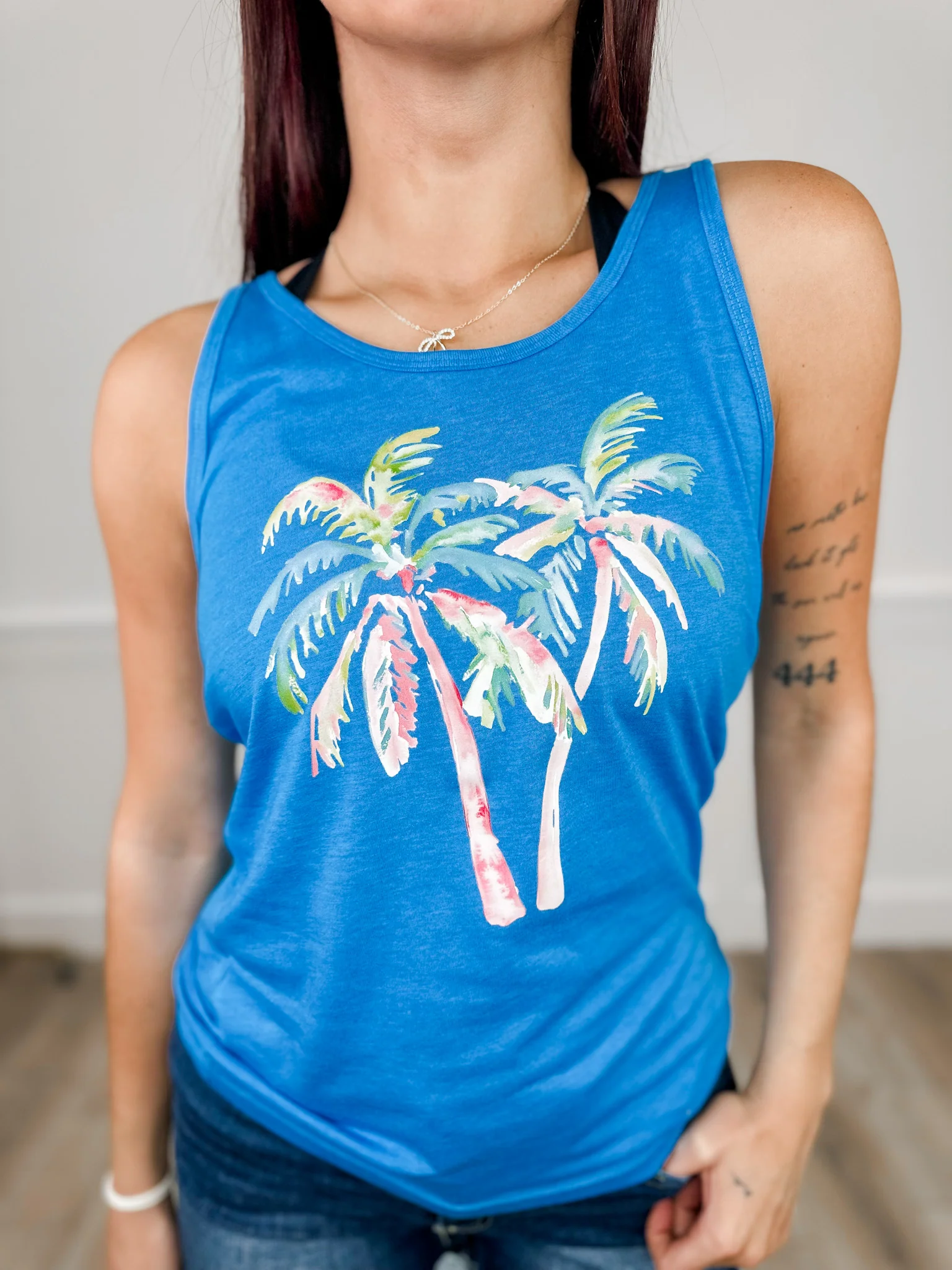 Painted Paradise Cotton Blend Blue Avery Mae Graphic Tank Top (Bella+Canvas)