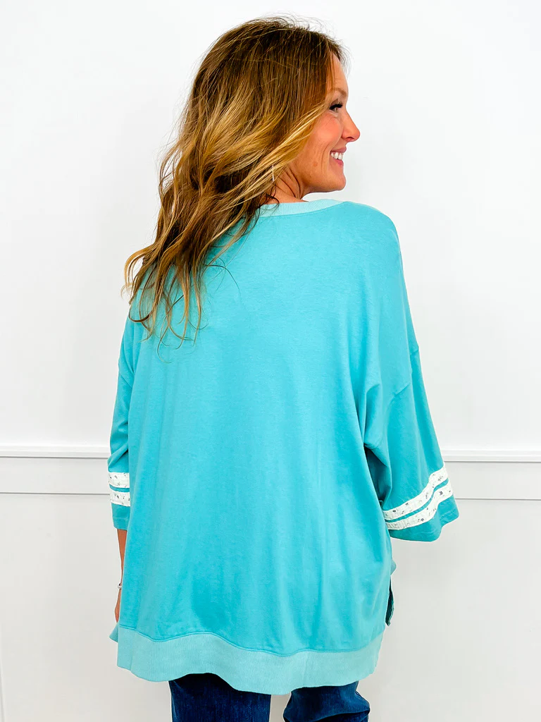 Patch Me Through Cotton Blend 3/4 Sleeve Blue Avery Mae Top - Image 2