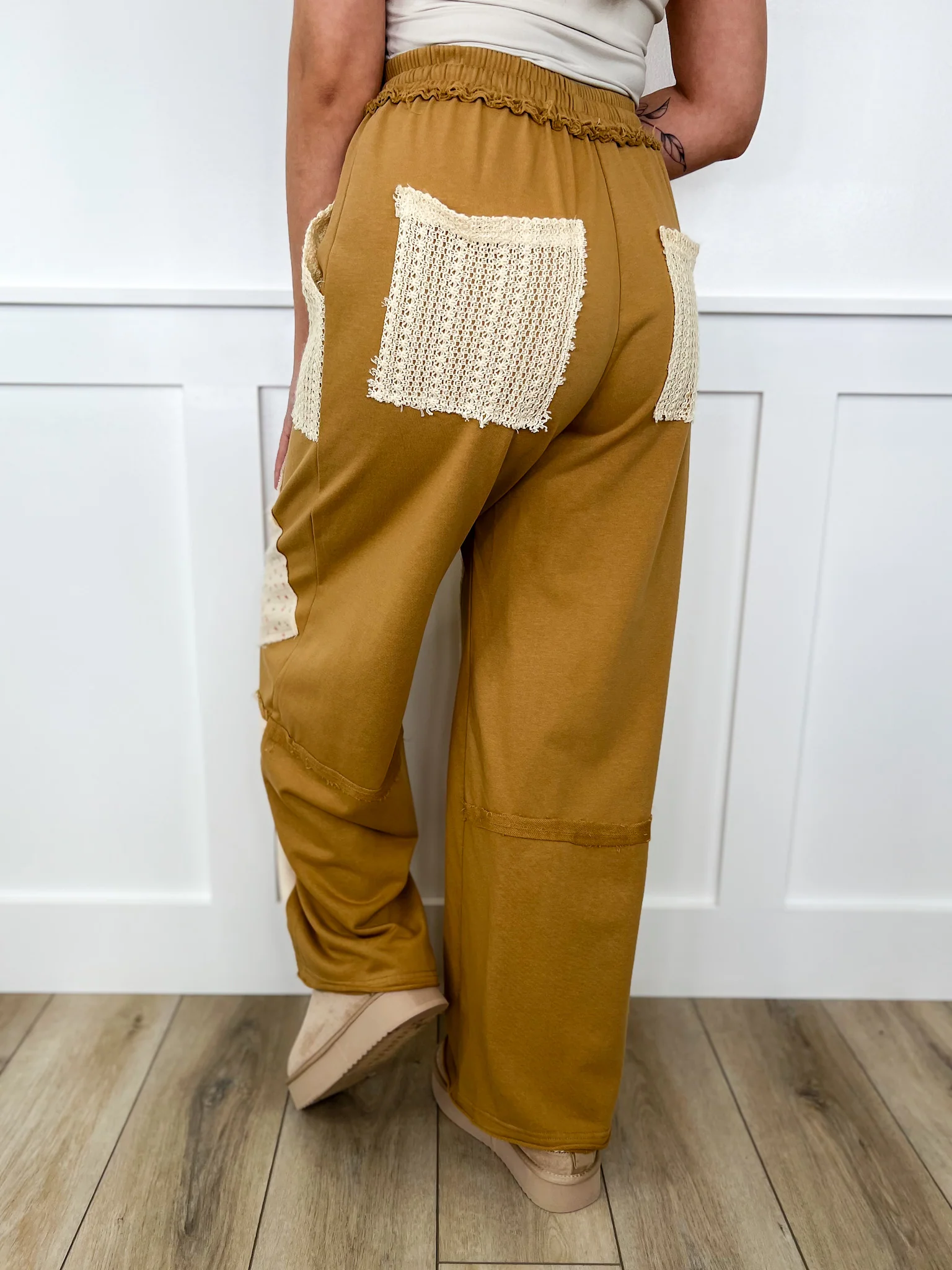 Patching You in High-Rise Cotton Blend Wide Leg Camel Avery Mae Bottoms - Image 2