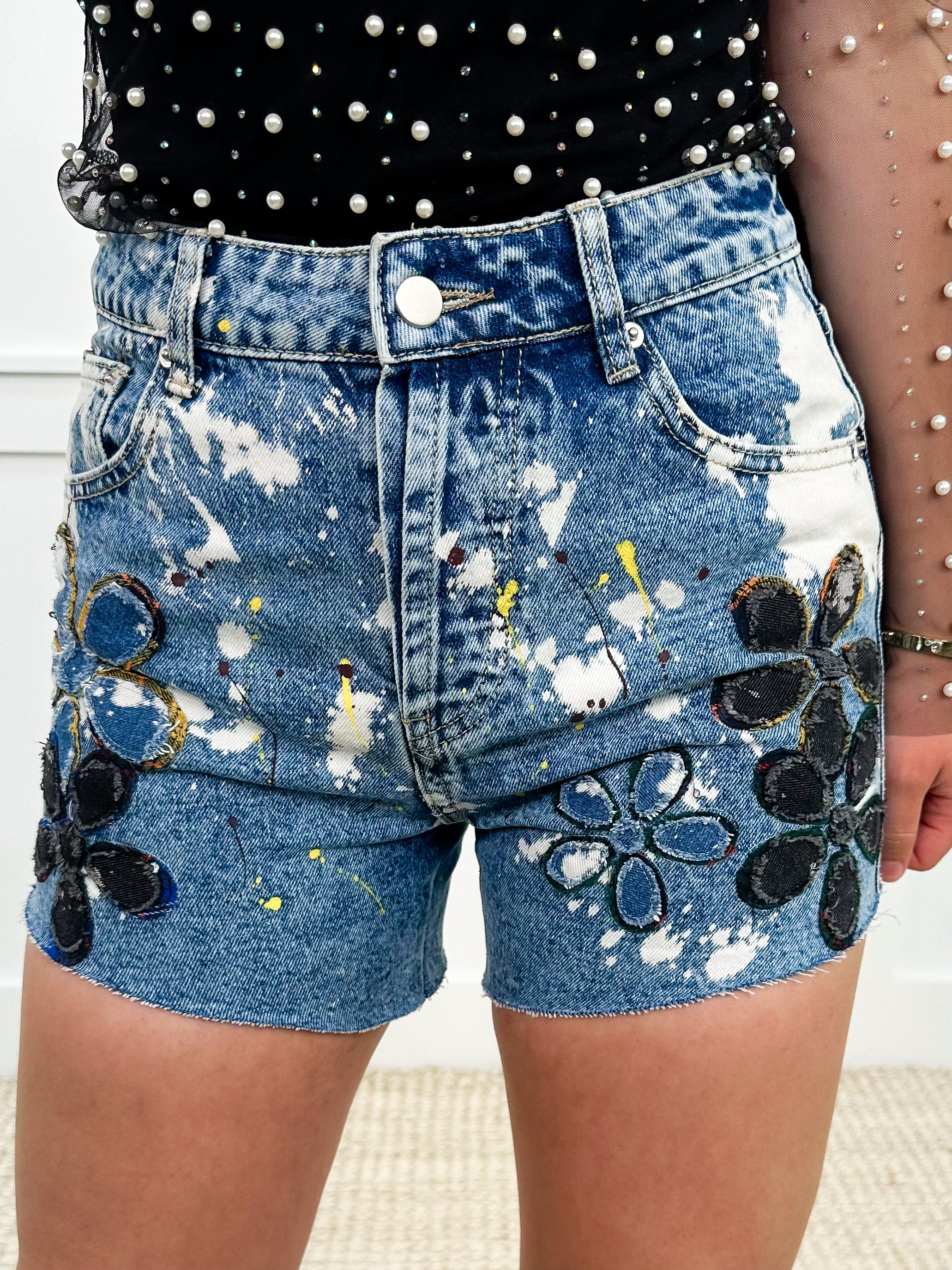 Perfectly Imperfect High-Rise Cotton Blend Medium Wash Avery Mae Bleached Shorts - Image 2