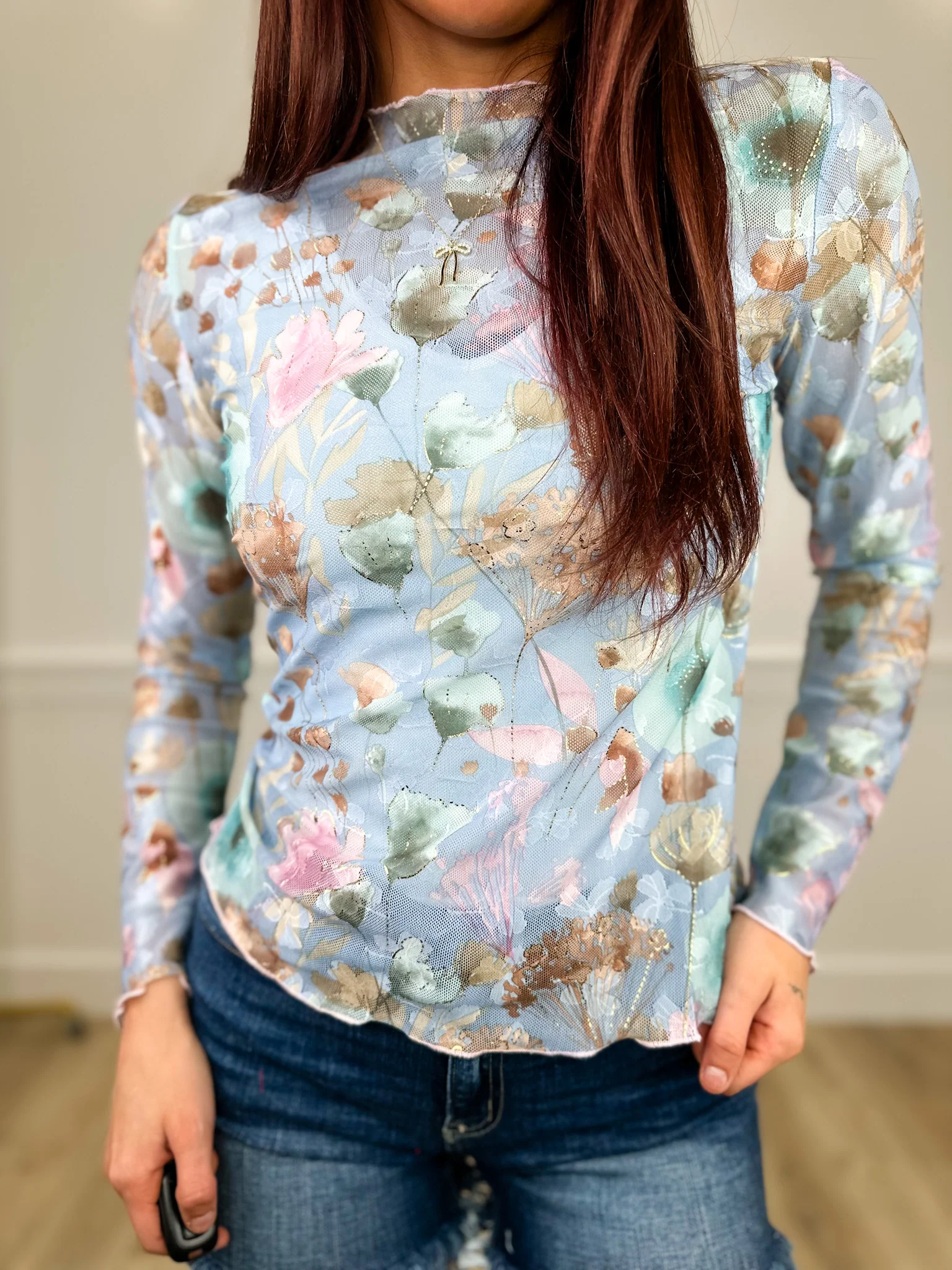 Petals of Peace Sheer Mesh Long Sleeve Blue Avery Mae Top