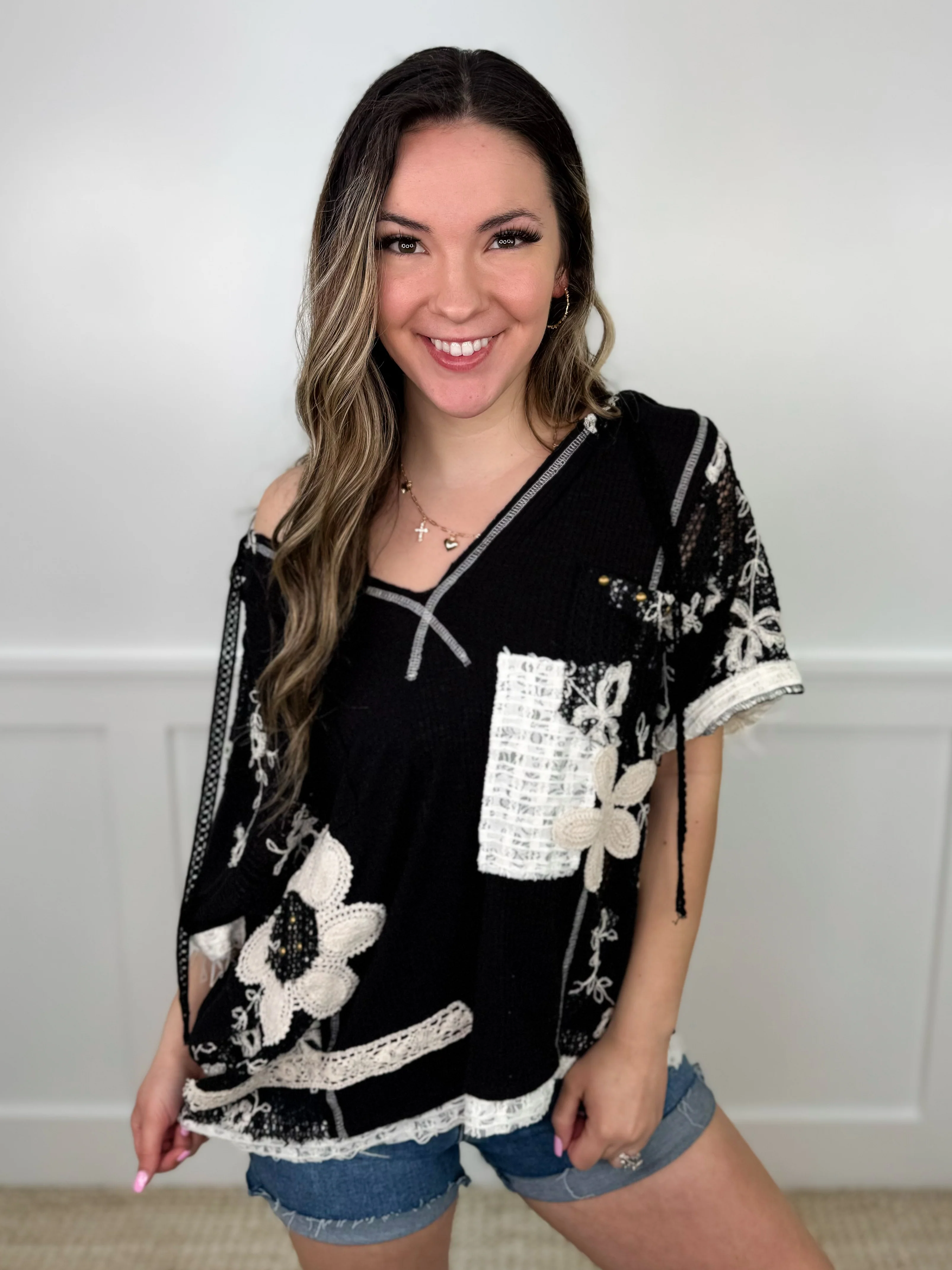 POL Floral Point Ribbed Short Sleeve Hooded Top - 4 colors - Image 4