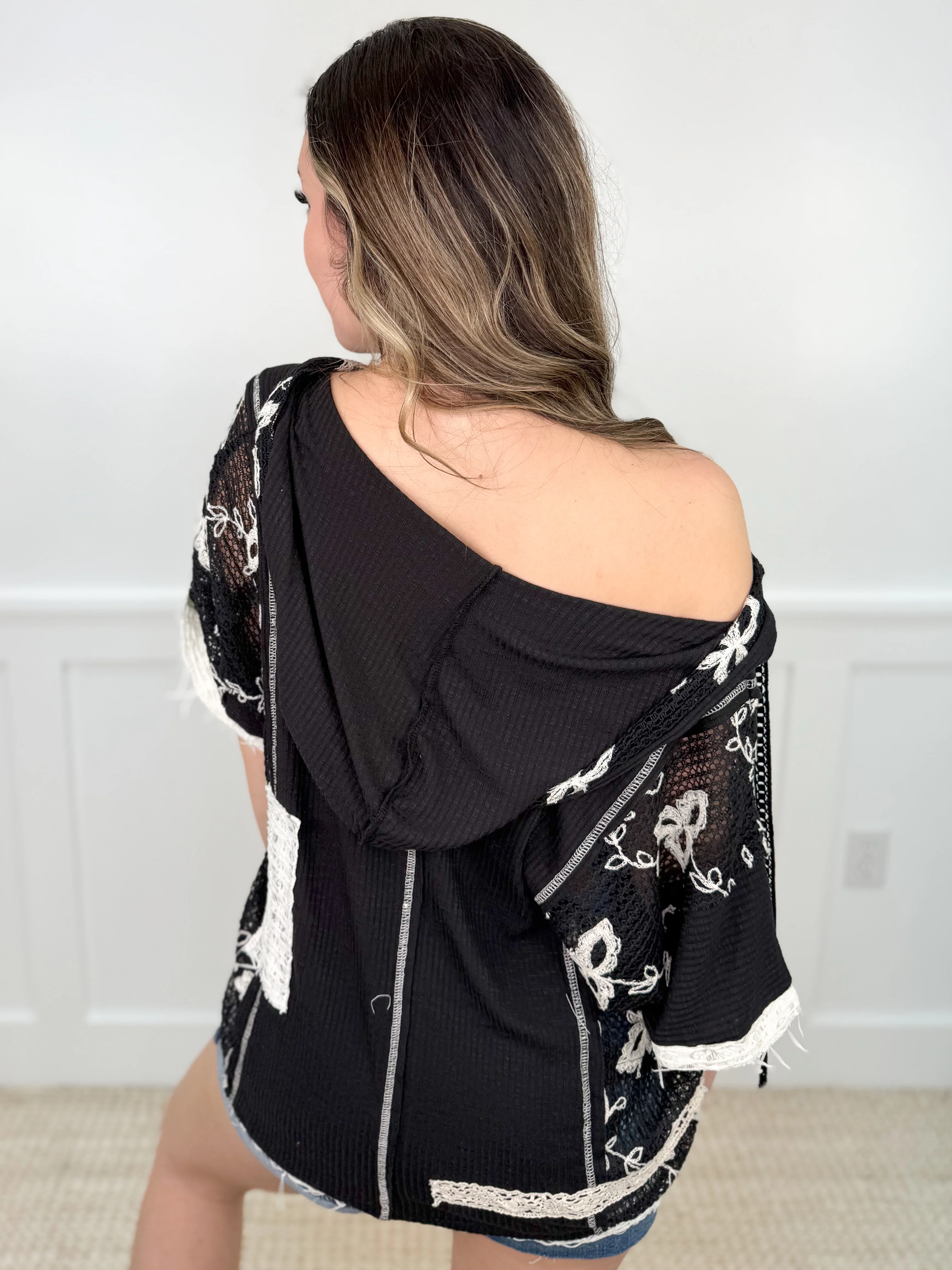 POL Floral Point Ribbed Short Sleeve Hooded Top - 4 colors - Image 5