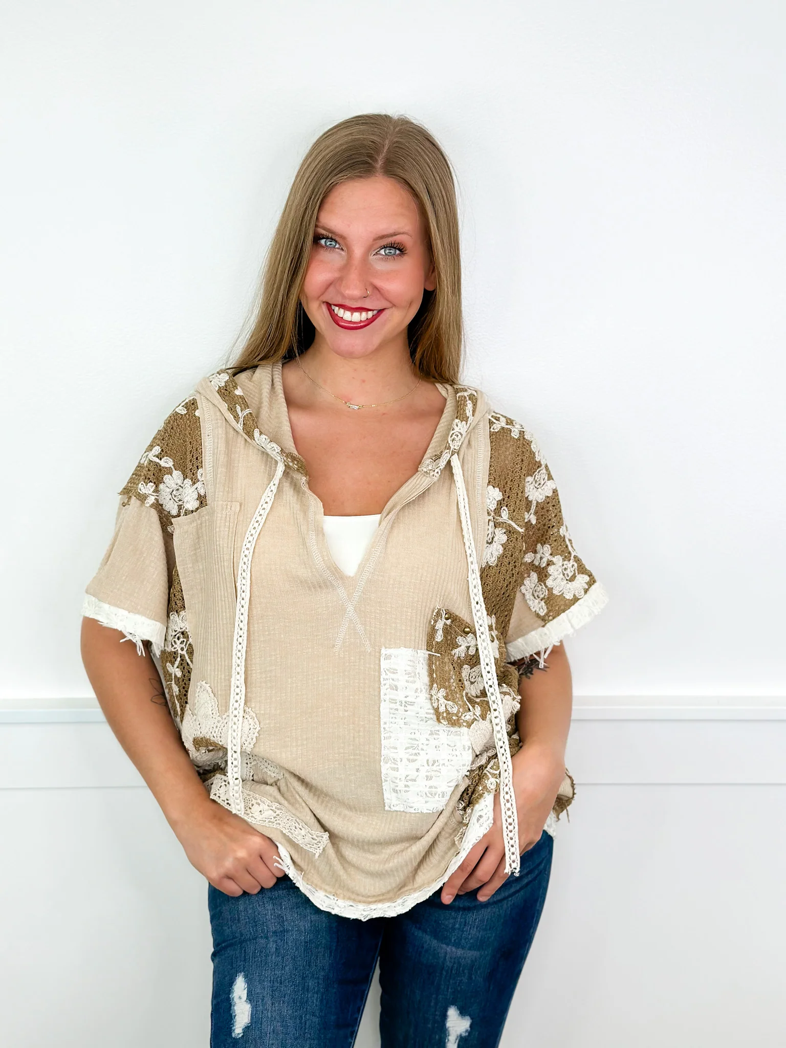 POL Floral Point Ribbed Short Sleeve Hooded Top - 4 colors - Image 7