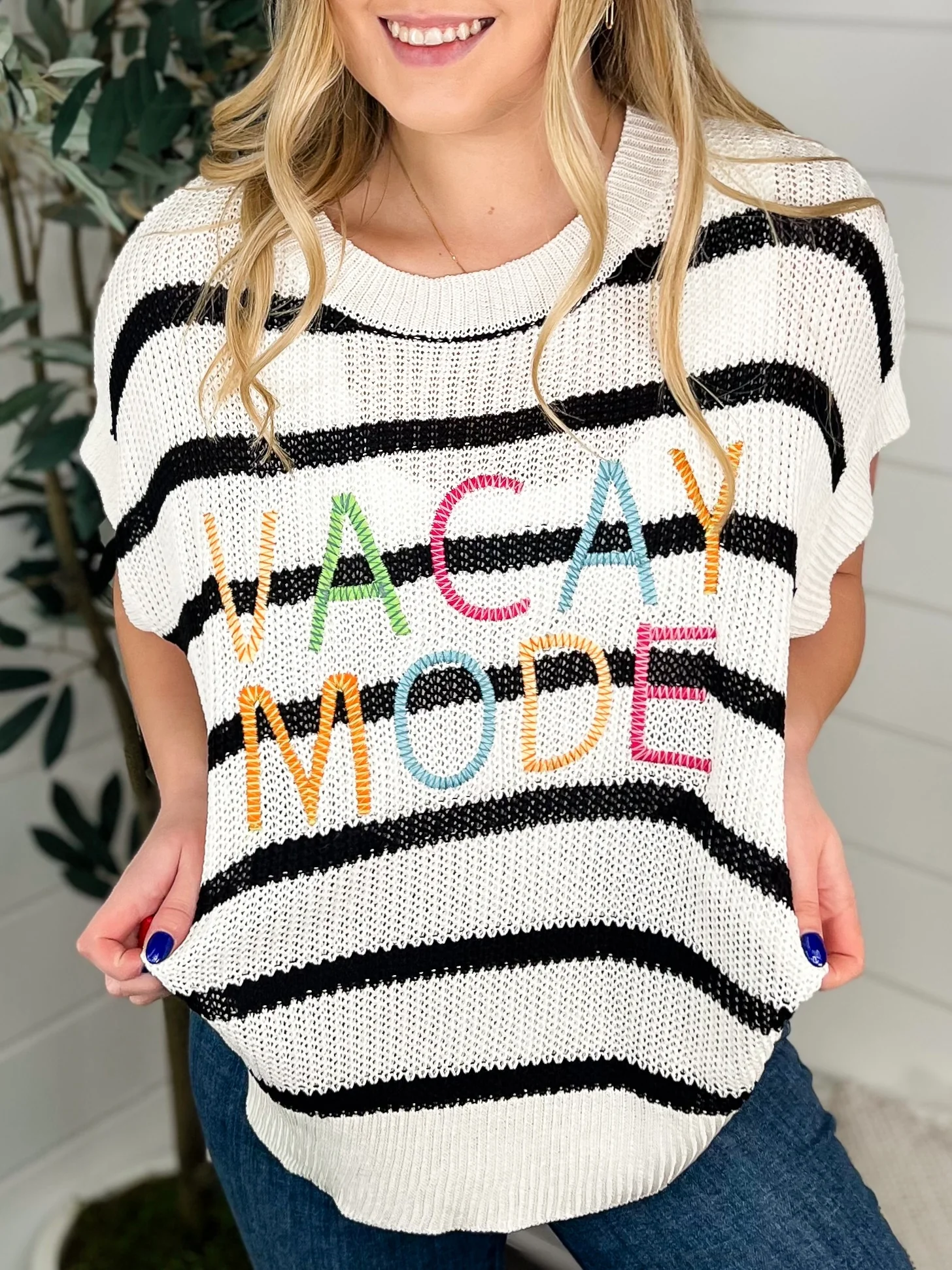 Ready to Vacay Knit Short Sleeve White Avery Mae Graphic Top