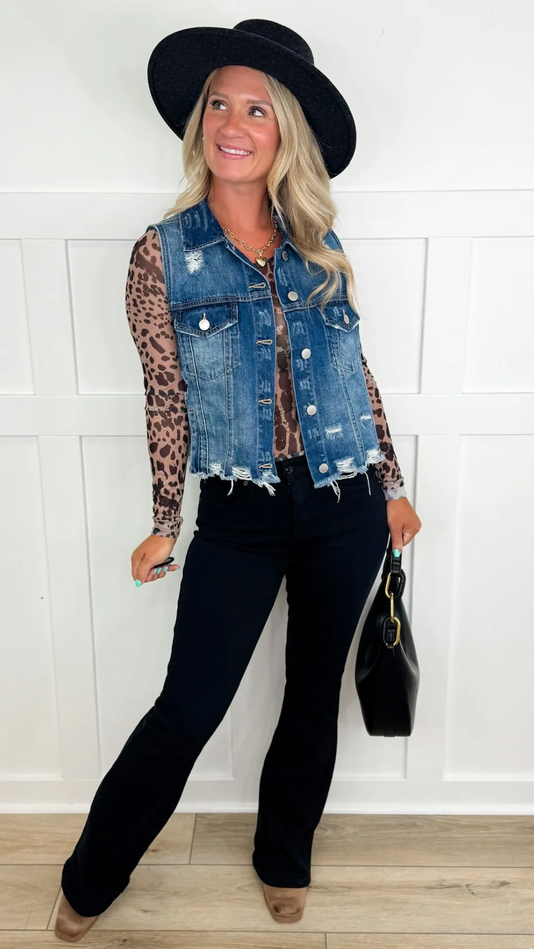 Risen Aly Distressed Cotton Dark Wash Mom Cropped Denim Vest - Image 5