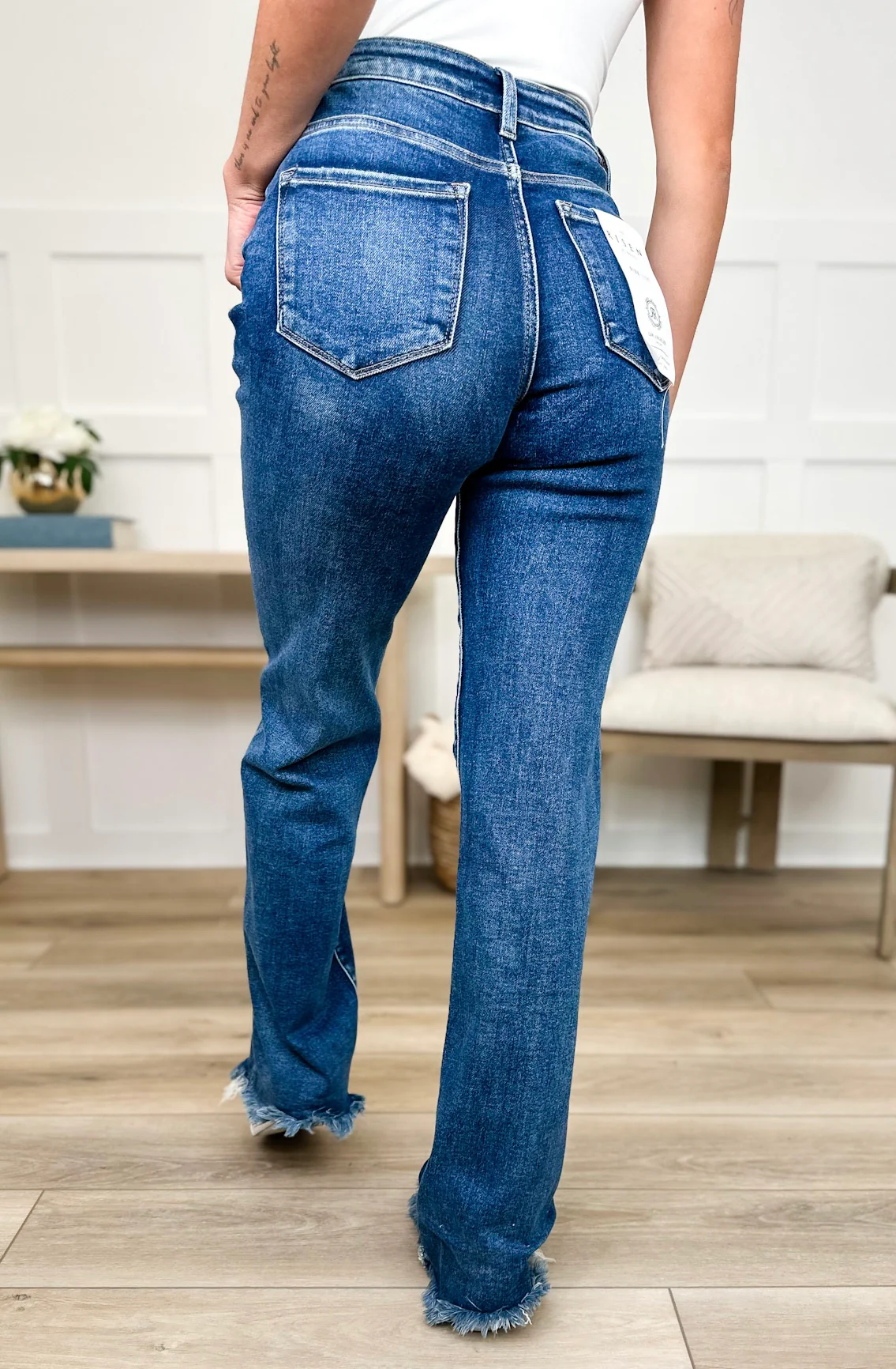 Risen Ariana Tummy Control Straight Leg Jeans - Dark Wash (Fray Hem, Distressed) - Image 3