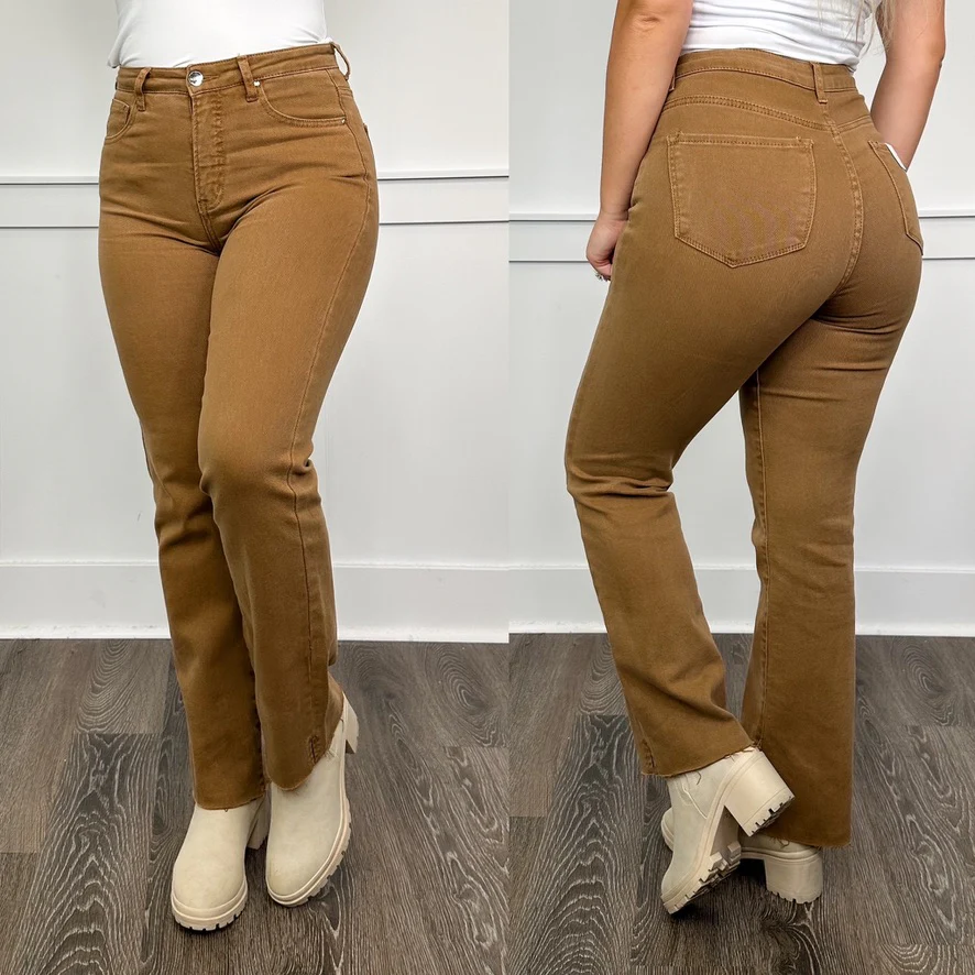 Risen Belle High-Rise Raw Hem Straight Leg Brown Jeans